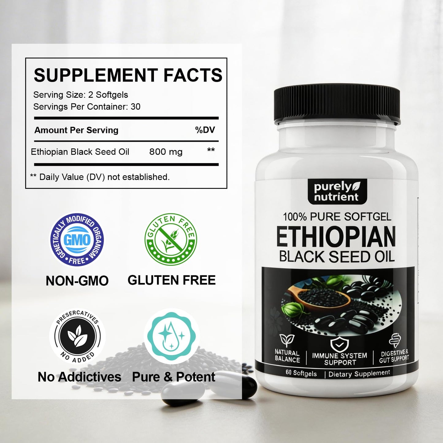 GlowRoot Ethiopian Black Seed Oil Softgels 4.64% Thymoquinone – Organic Cold Pressed Black Cumin Seed Oil, Non-GMO, Gluten-Free, 120 Softgels
