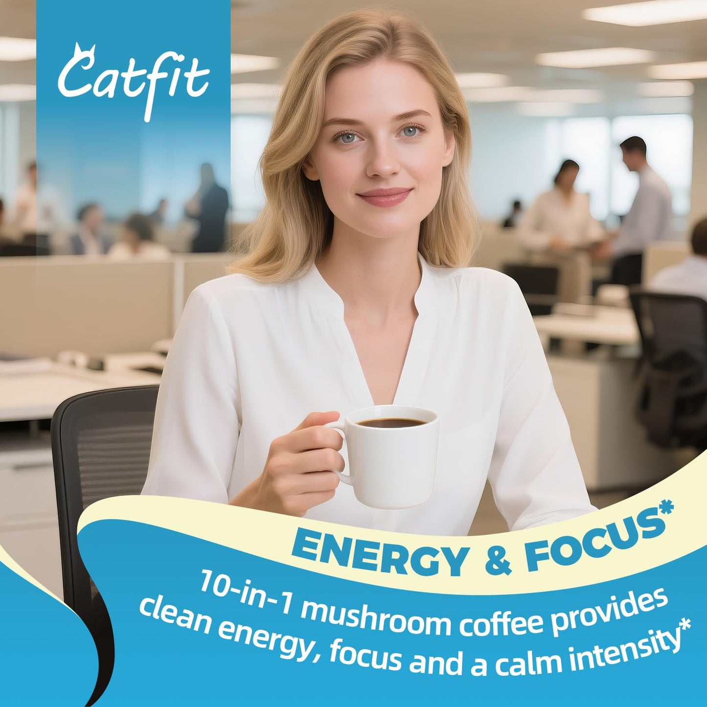 Catfit Instant Mushroom Coffee Powder, 10-in-1 Adaptogen Blend with Lion's Mane, Chaga & Cordyceps for Energy, Focus, Gut Health & Immune Support, 5.5 Ounce, 52 Servings