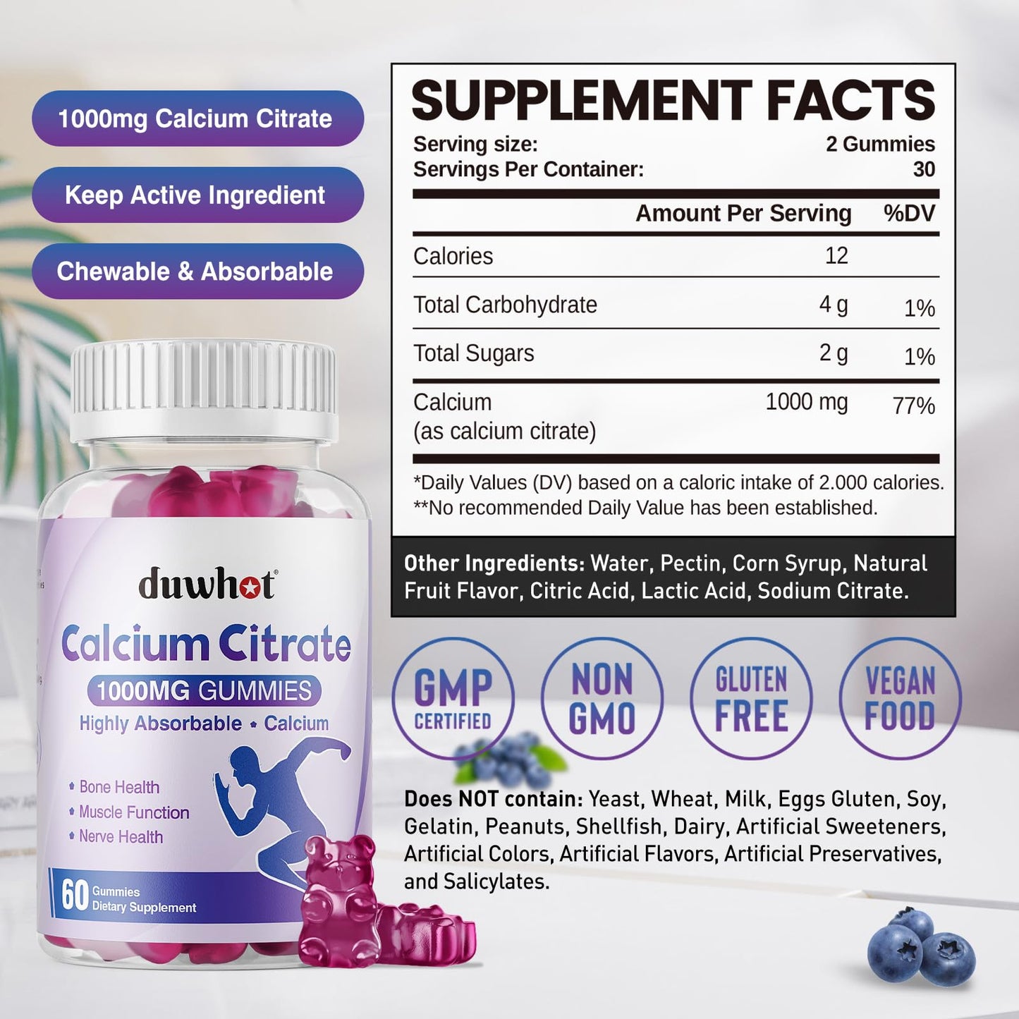 duwhot Potassium Citrate 1000mg & Calcium Citrate 1000mg, 120 Gummies