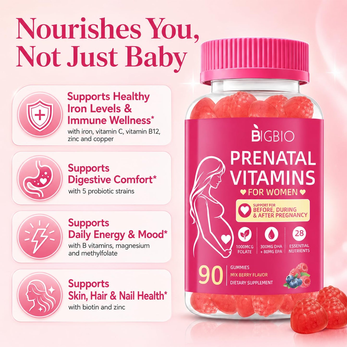 BIGBIO Prenatal Vitamins for Women Gummies, Methylfolate 1mg, Choline, Omega 3 DHA EPA, Iron, Probiotics & B Complex, Postnatal Vitamins for Breastfeeding, Sugar Free Vegan, Mixed Berry, 90 Count