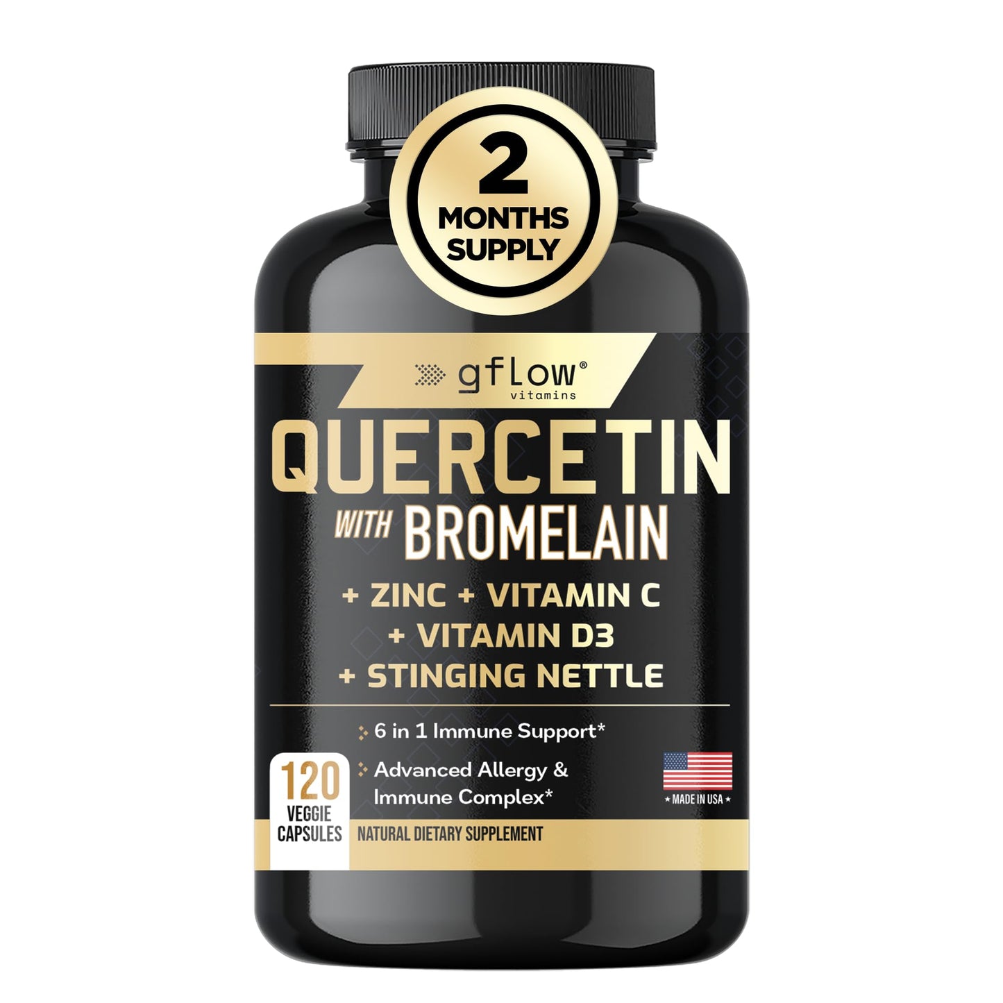 gflow vitamins Quercetin with Bromelain, Stinging Nettle, Zinc, Vitamin C & Vitamin D Capsule 120 Count