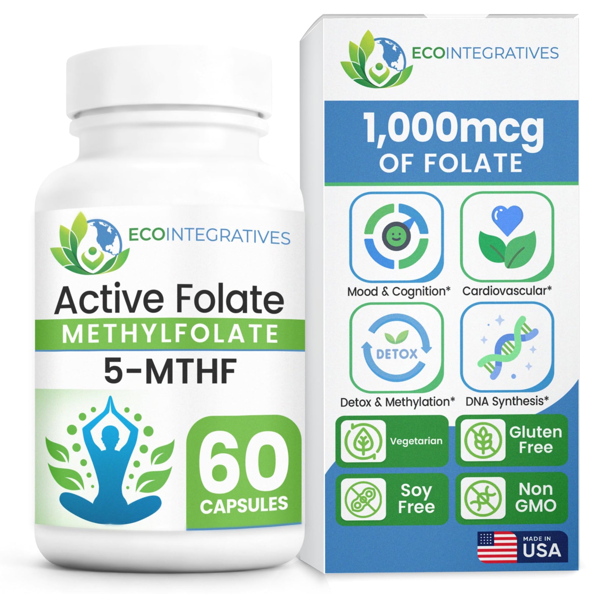 EcoIntegratives Active Folate Methylfolate 5-MTHF - Methylated Folate 1000 mcg (1700 mcg DFE), 60 Capsules