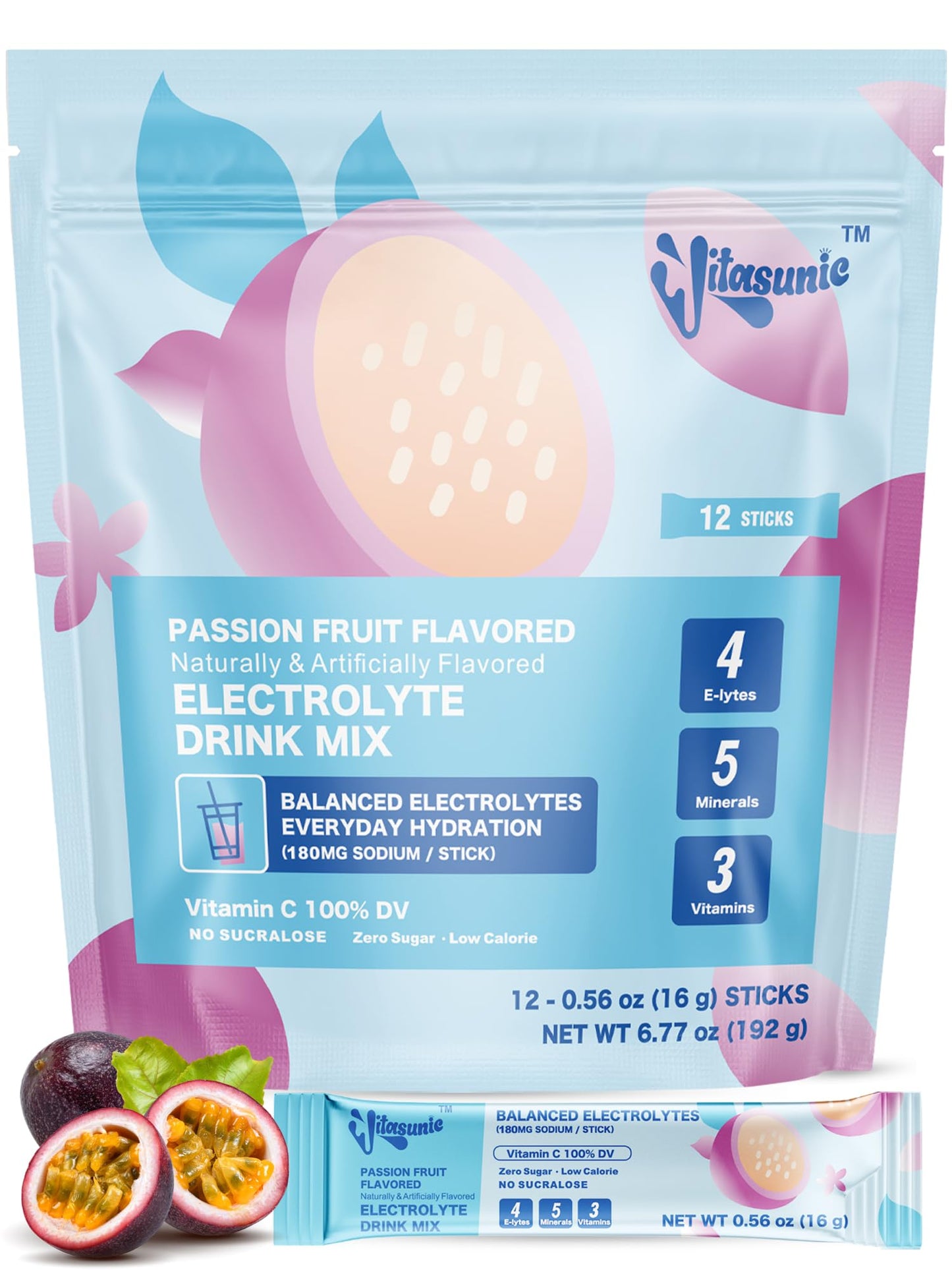 VITASUNIC Electrolyte Powder Packets, 12 Sticks, Passion Fruit, Sugar Free