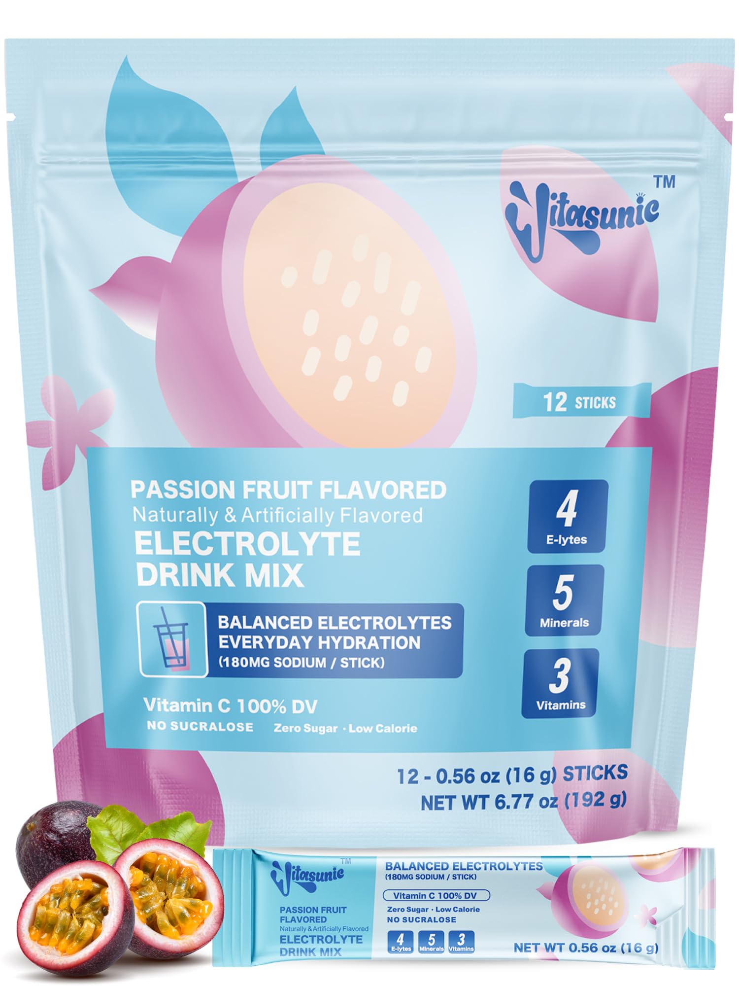 VITASUNIC Electrolyte Powder Packets, 12 Sticks, Passion Fruit, Sugar Free