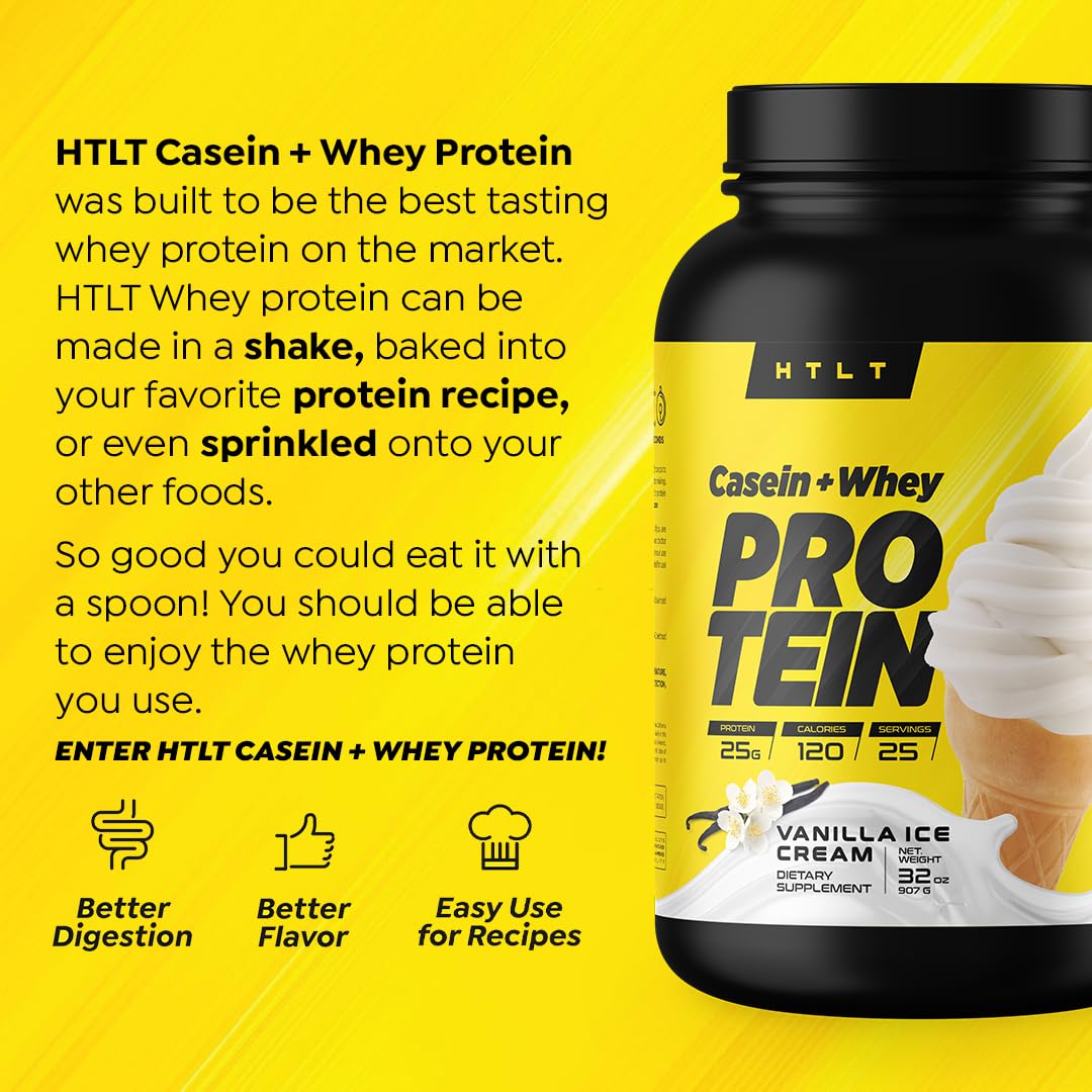 HTLT Supps Casein + Whey Protein Powder, Vanilla Ice Cream, 32 Ounces