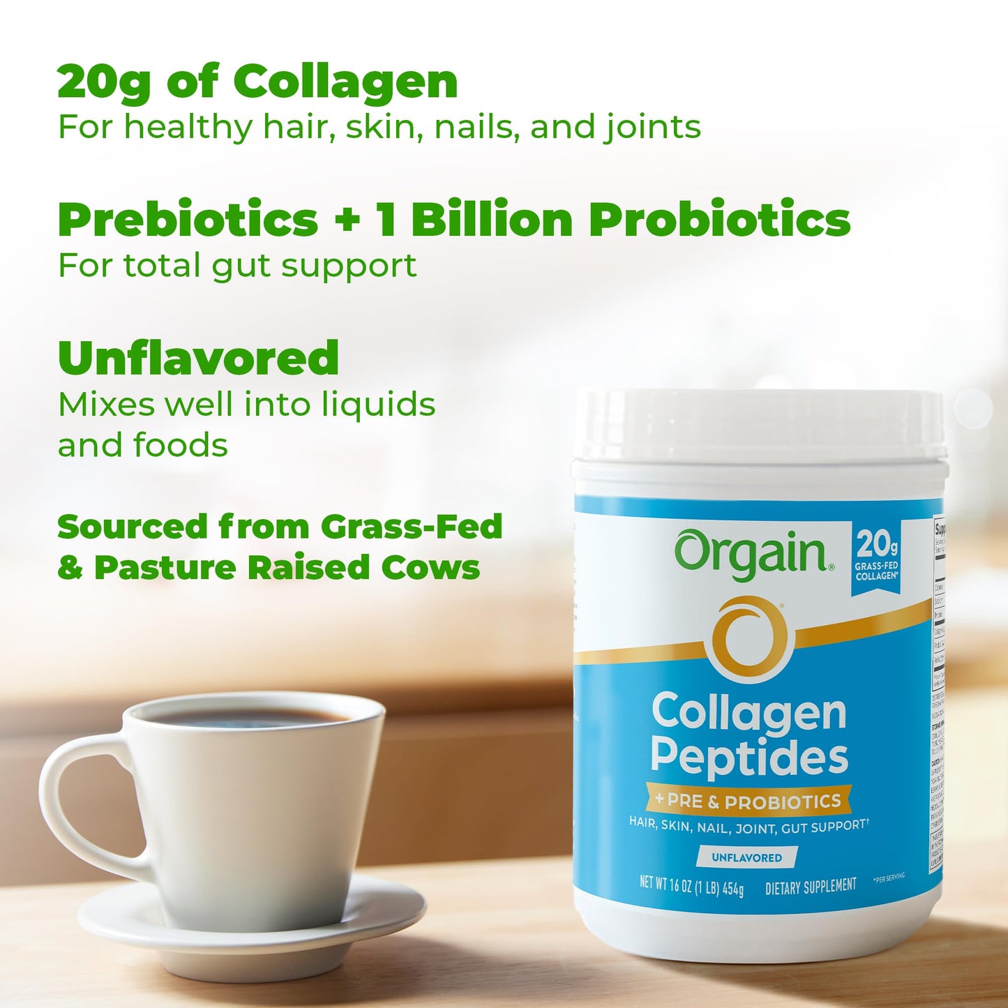 Orgain Hydrolyzed Collagen Peptides + Prebiotic & Probiotics Powder for Women & Men, 20g Grass-Fed Collagen, 1 Billion CFU, Non-GMO, Type I & III, 1 lb, 16 Servings