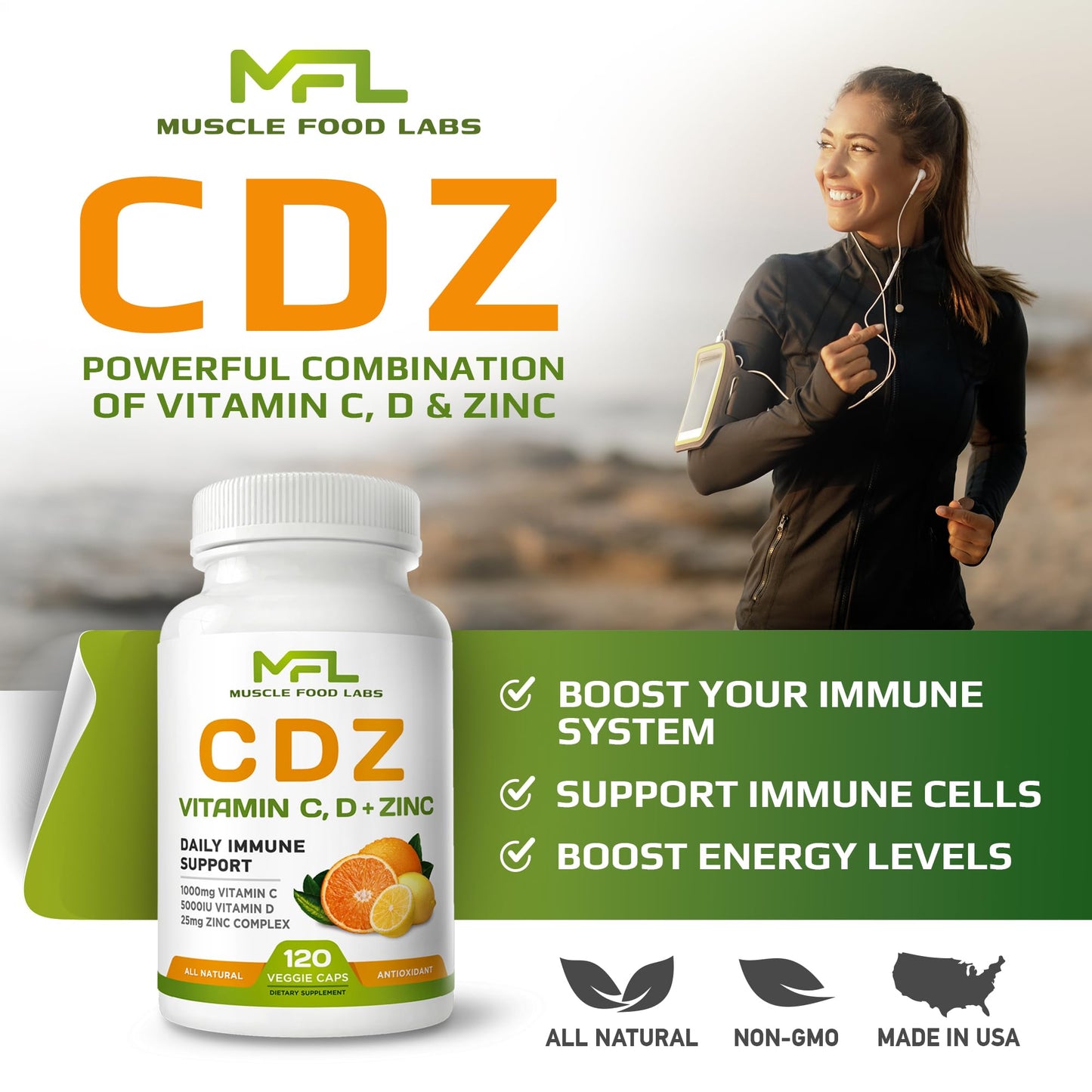 Muscle Food Labs C D Z Vitamin C 1000mg, Vitamin D3 125mcg, Zinc 25mg, Non-GMO & Gluten Free, 120 Vegetarian Capsules