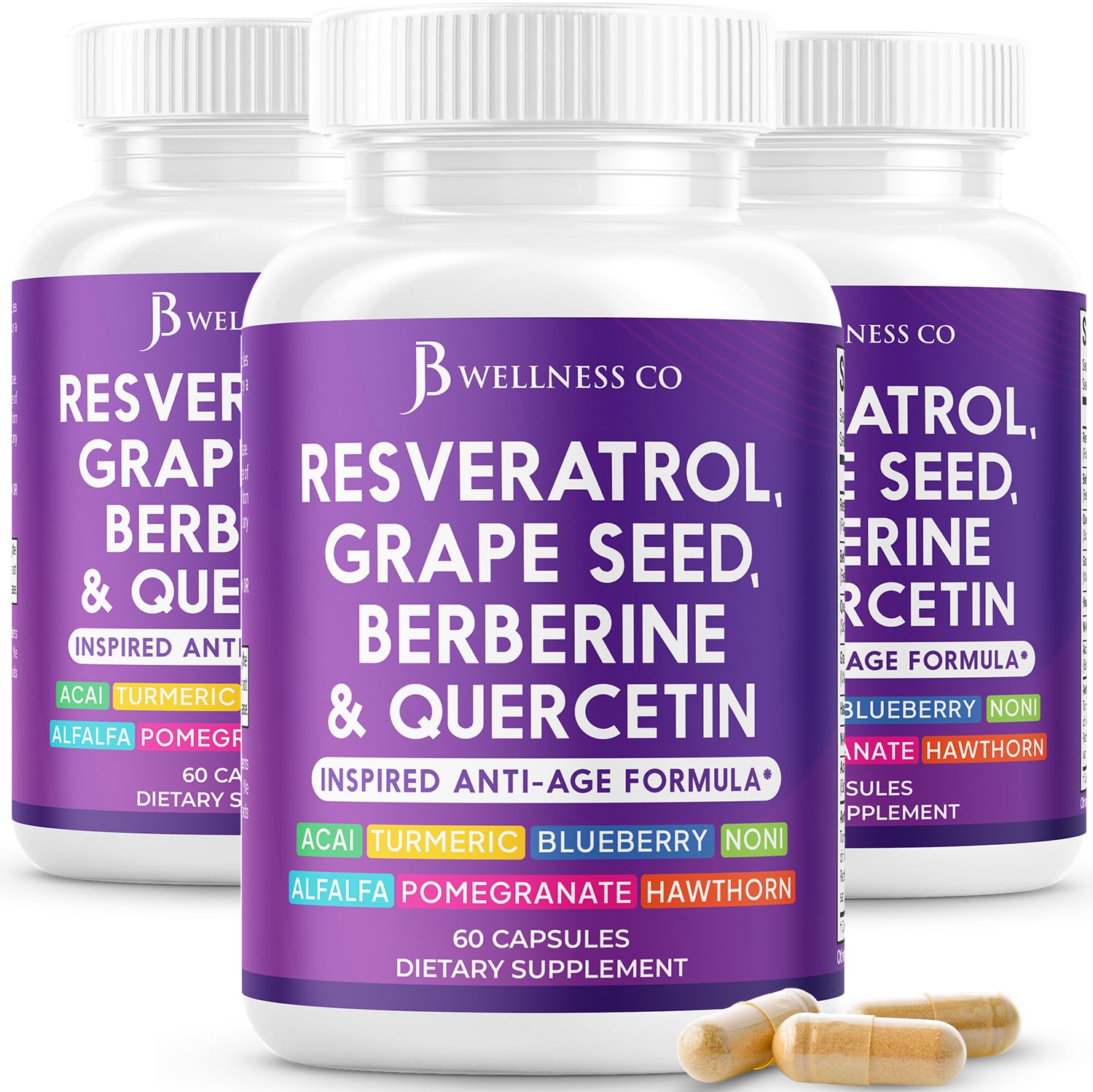 JB Wellness Co Resveratrol, Grape Seed Extract, Berberine, Quercetin - Polyphenol Supplement for Women and Men with Noni Extract, N-Acetyl Cysteine, Acai, 180 Capsules