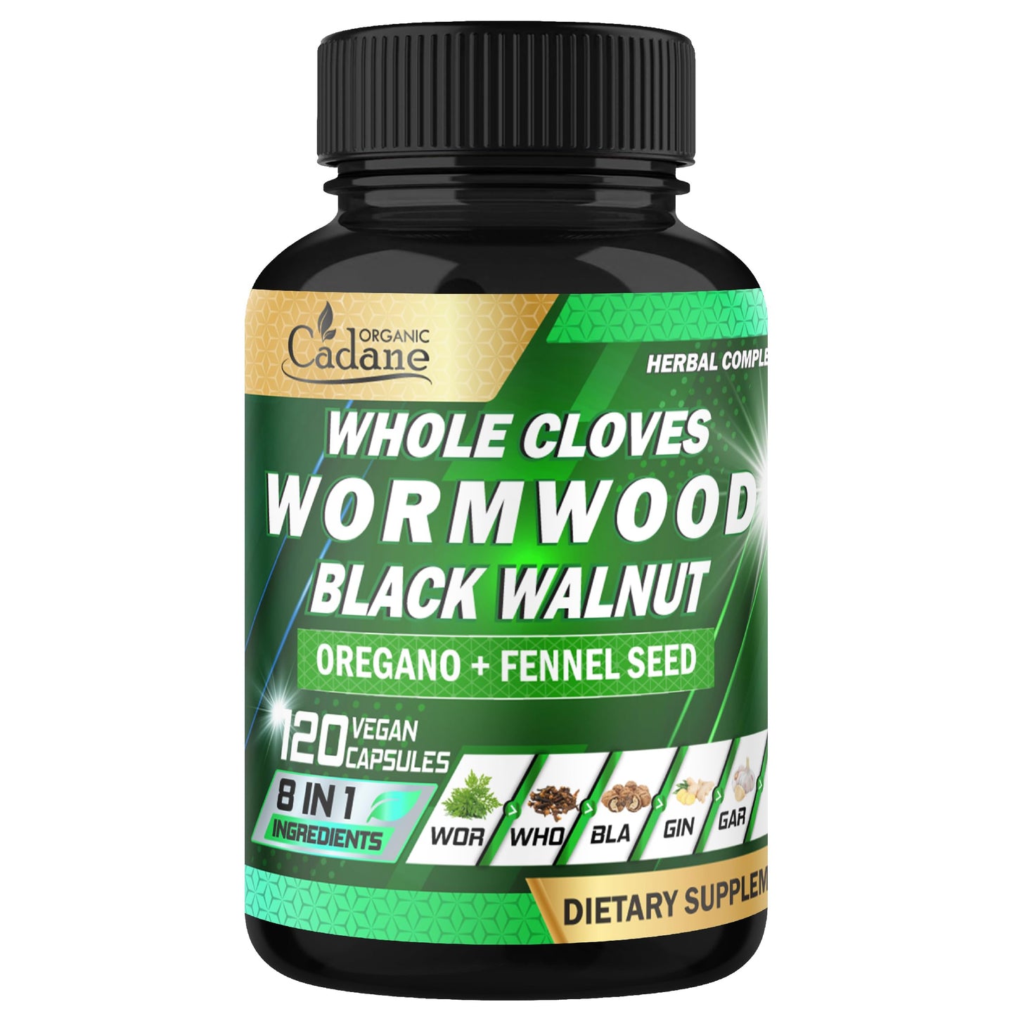 Organic Cadane Wormwood Whole Cloves Black Walnut with Ginger, Garlic, Oregano, Fennel & Black Pepper Digestive & Wellness Support 120 Capsules