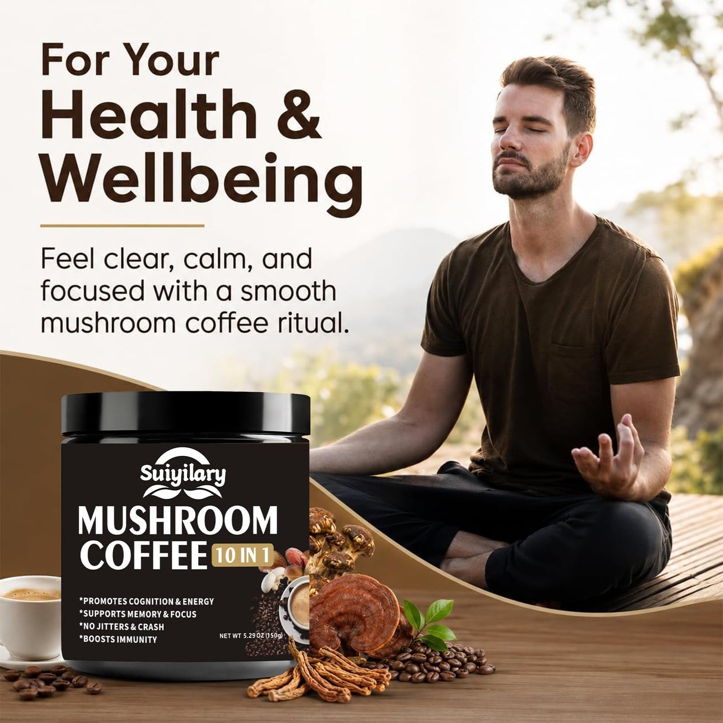 Suiyilary Mushroom Coffee Powder 5.3 oz - 10-Mushroom Extract Blend (Lion's Mane, Reishi, Chaga, Cordyceps, Turkey Tail)