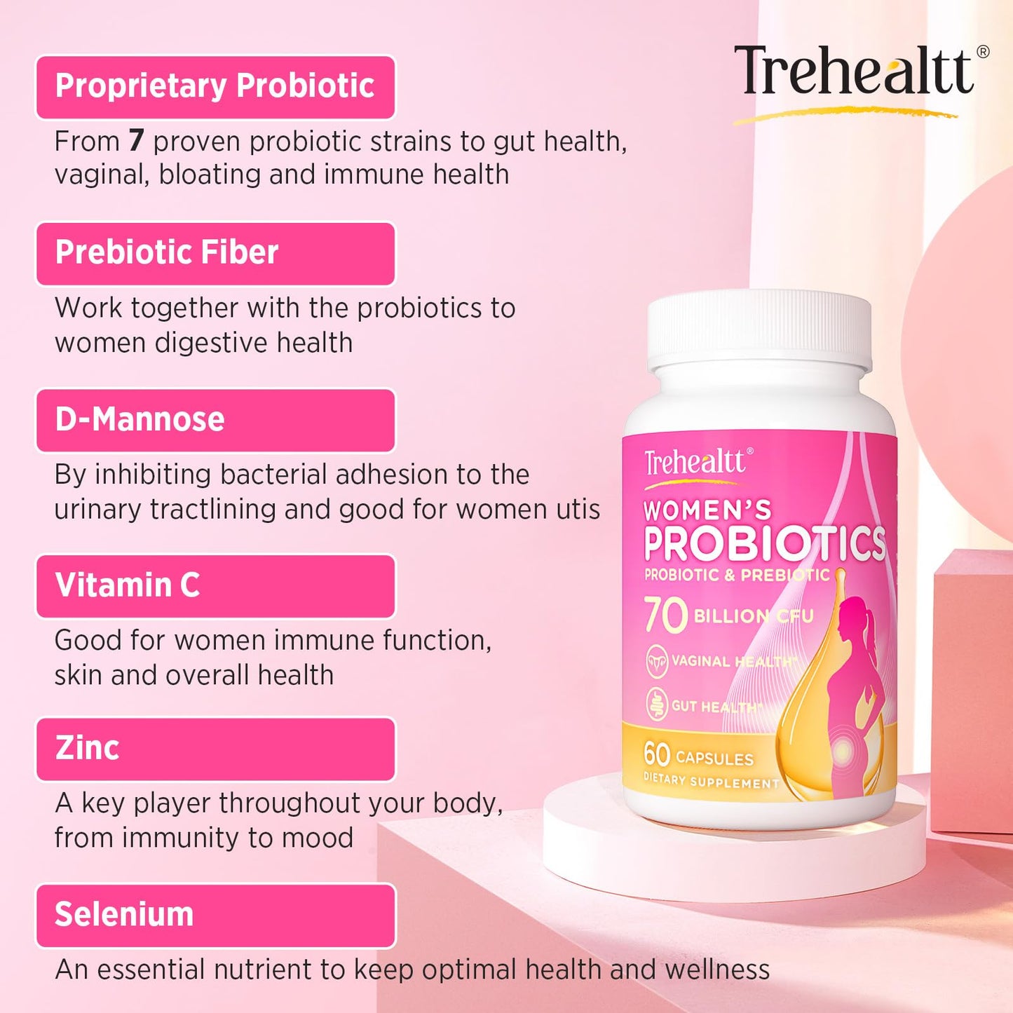 Trehealtt Vaginal Probiotics Capsule, 70 Billion CFUs, PH Balance with Probiotic & Prebiotic, 60 Count