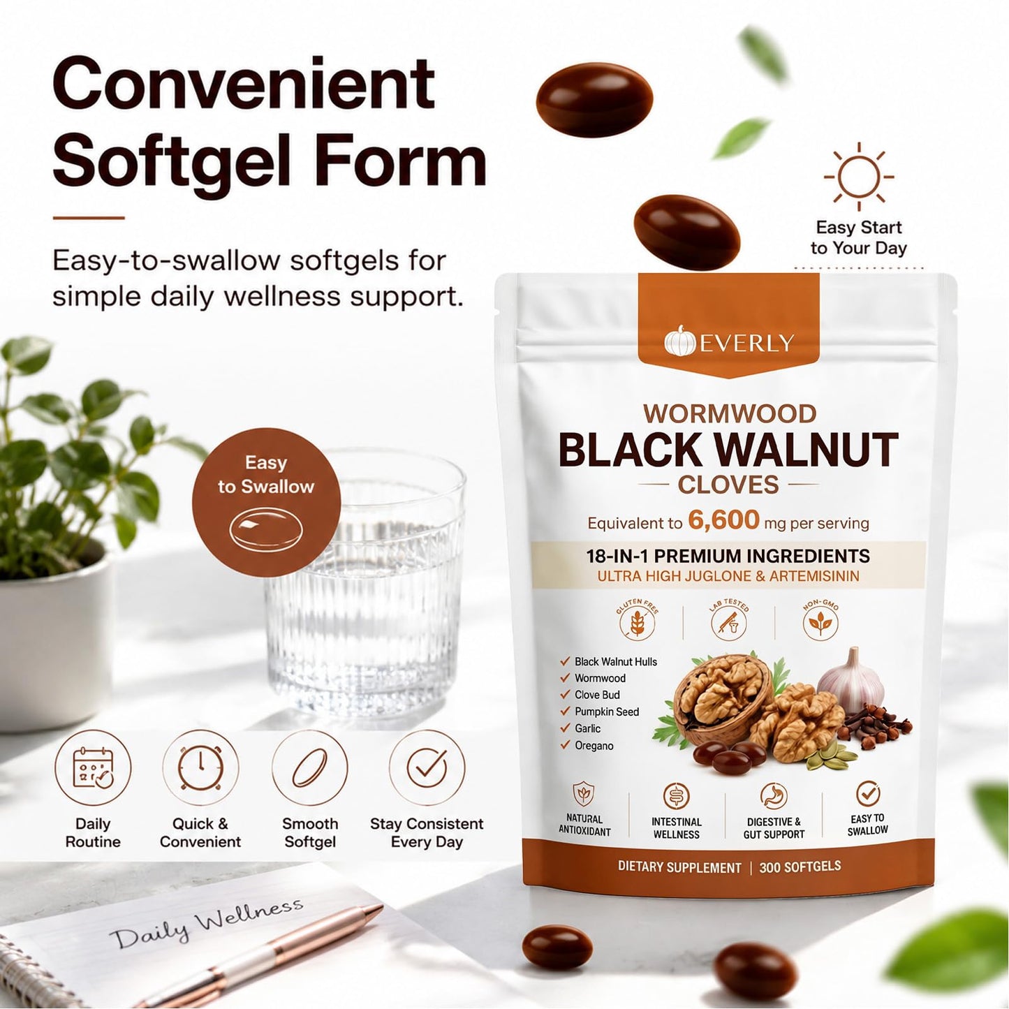 Everly Wormwood Black Walnut Cloves 18-in-1 Premium Ingredients Digestive Health & Gut Wellness Capsule, 300 Count