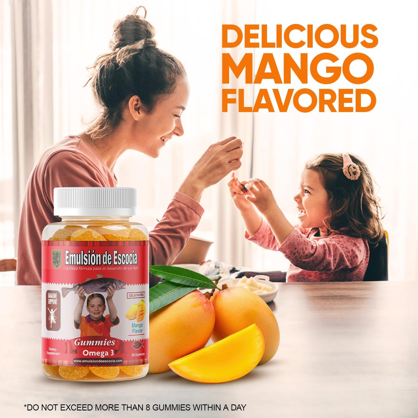 Emulsión de Escocia Omega 3 Gummies for Kids – with Vitamins A, B1, D3 & E + Zinc & Iron – Mango Flavor with No Fishy Aftertaste – Immune & Liver Support, 60 Gummies