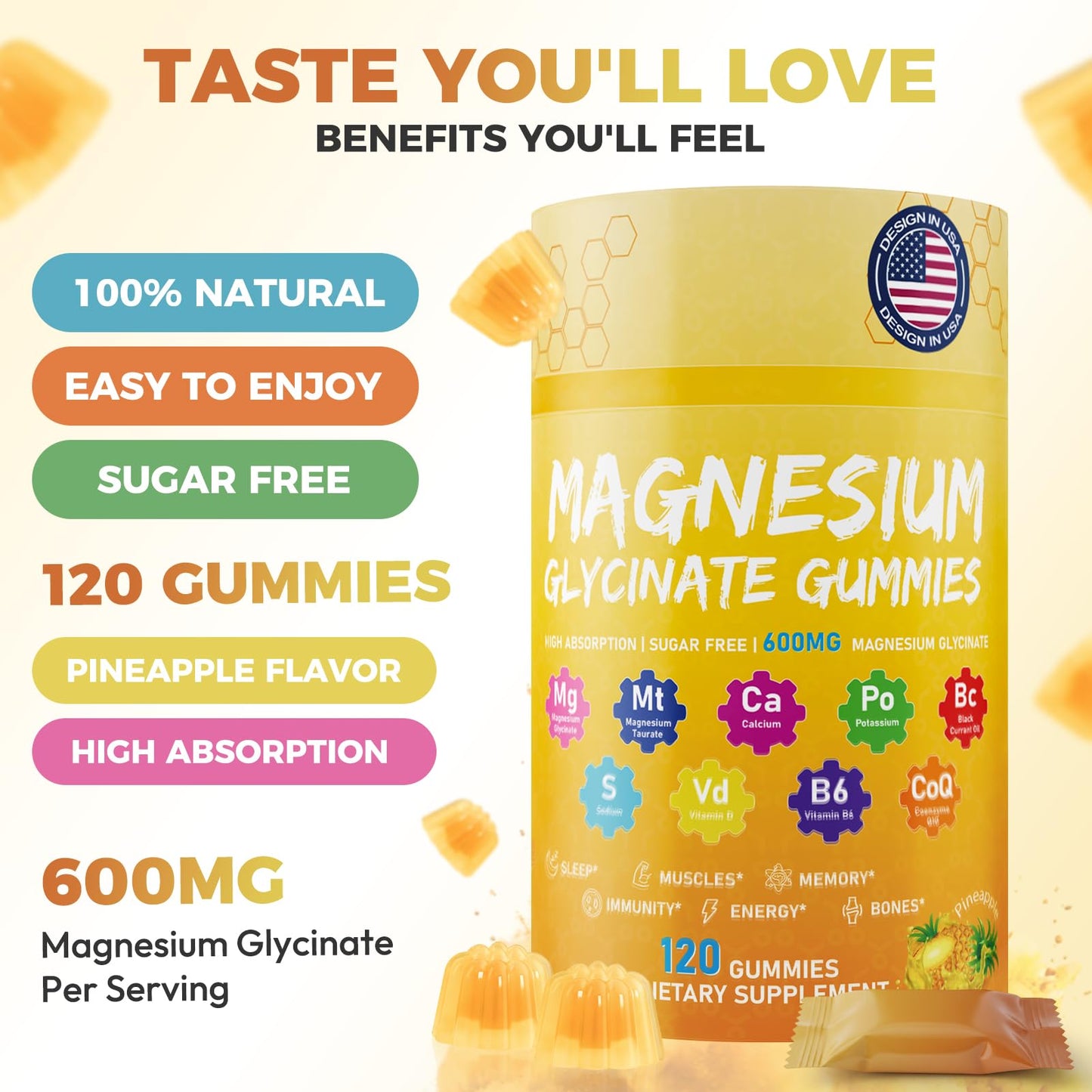 Xytora Magnesium Glycinate Gummies 600mg, Pineapple Flavor, Sugar Free, Vegan & Non-GMO, 120 Count