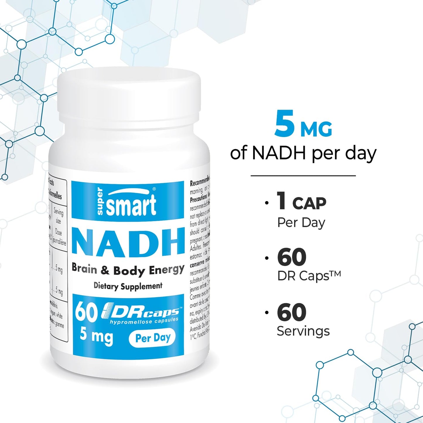 Supersmart NADH 5mg per Day (Reduced Nicotinamide Adenine Dinucleotide) NADH Supplement - Energy Capsules, 60 Count