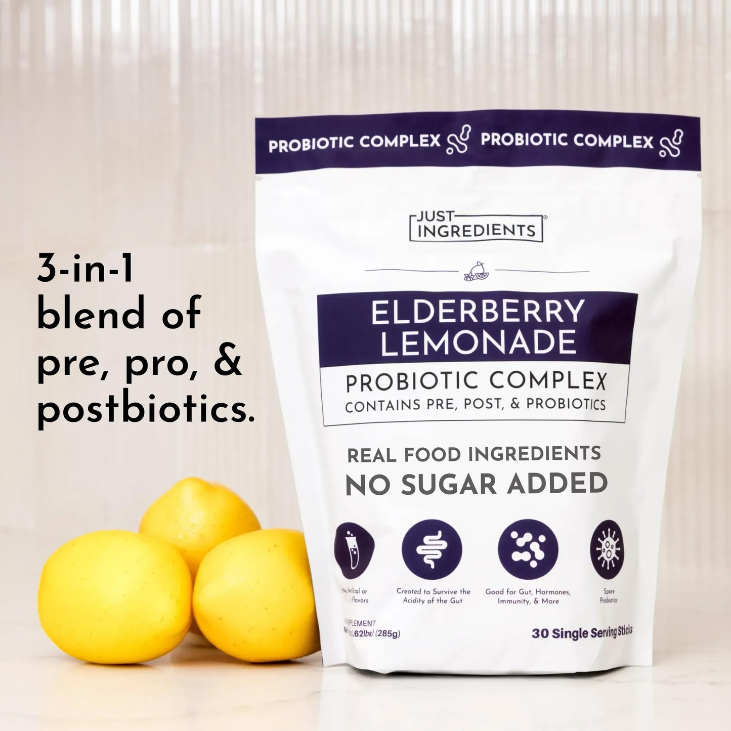 JUST INGREDIENTS Elderberry Lemonade 3-in-1 Probiotic Complex - Prebiotics, Probiotics & Postbiotics Powder 5.4 oz