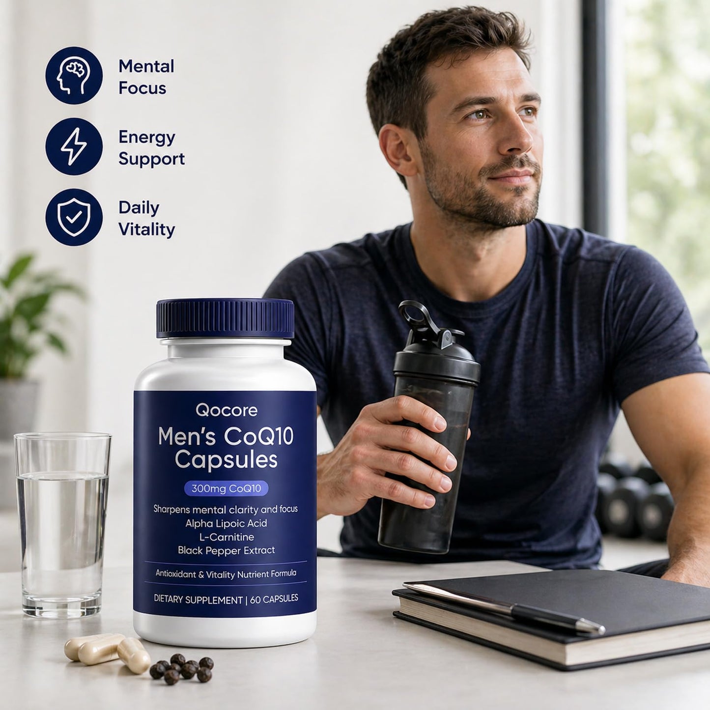QOCORE Men’s CoQ10 300mg Capsules, Daily Energy and Antioxidant Formula, 60 Count