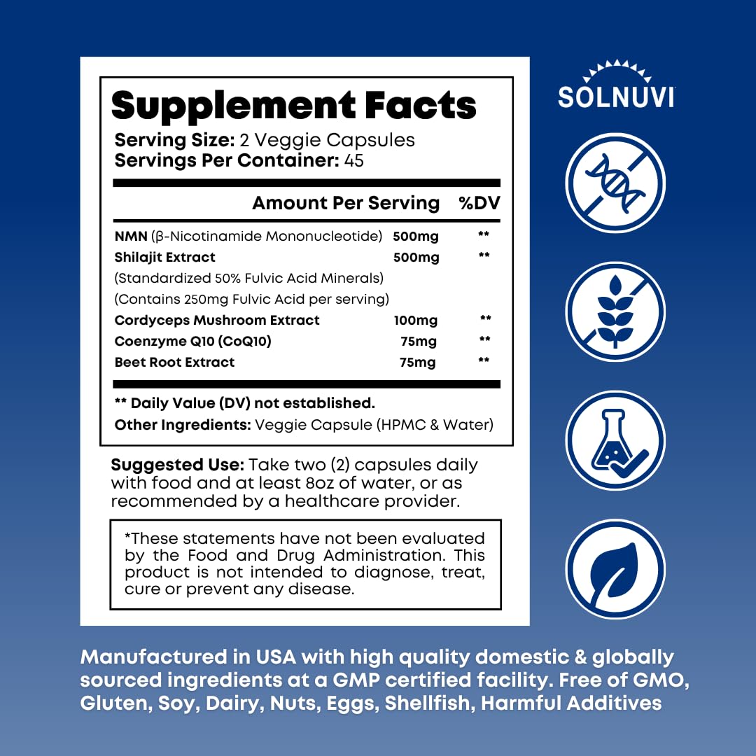 SOLNUVI NMN 500mg & Himalayan Shilajit 50% Fulvic Acid Supplement Capsule, 90 Capsules