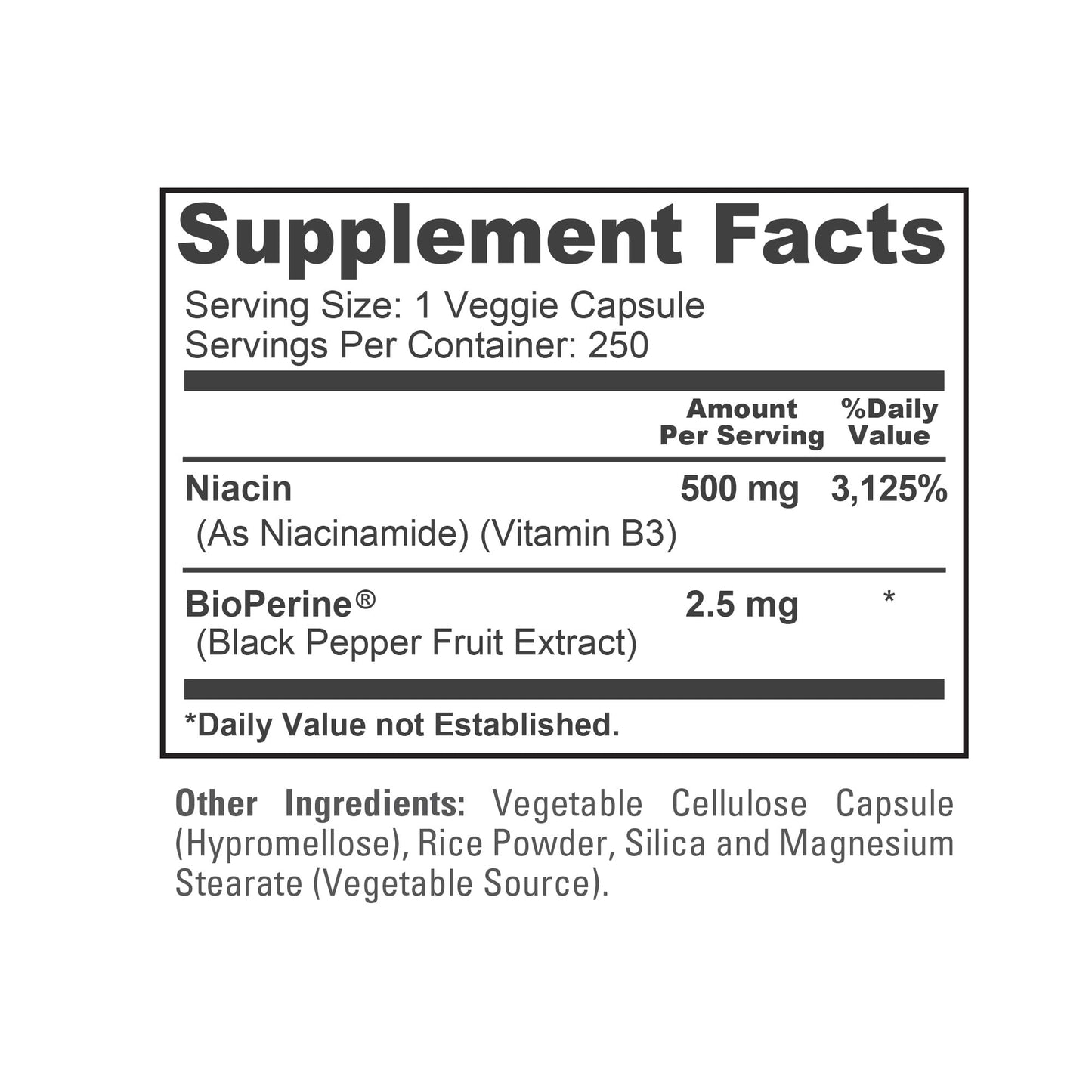 NusaPure Flush Free Niacin 500 mg Capsules, 250 Count