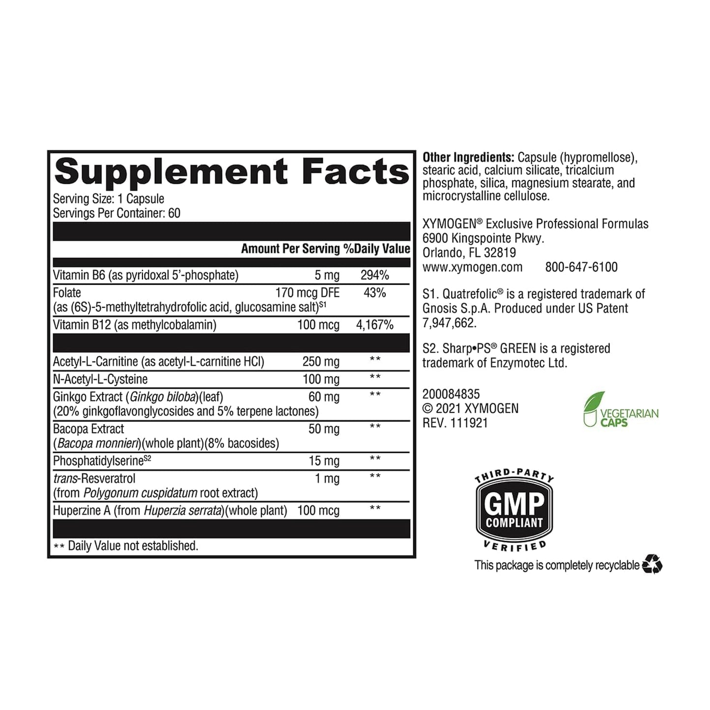 XYMOGEN MemorAll Brain Support Capsules, 60 Count
