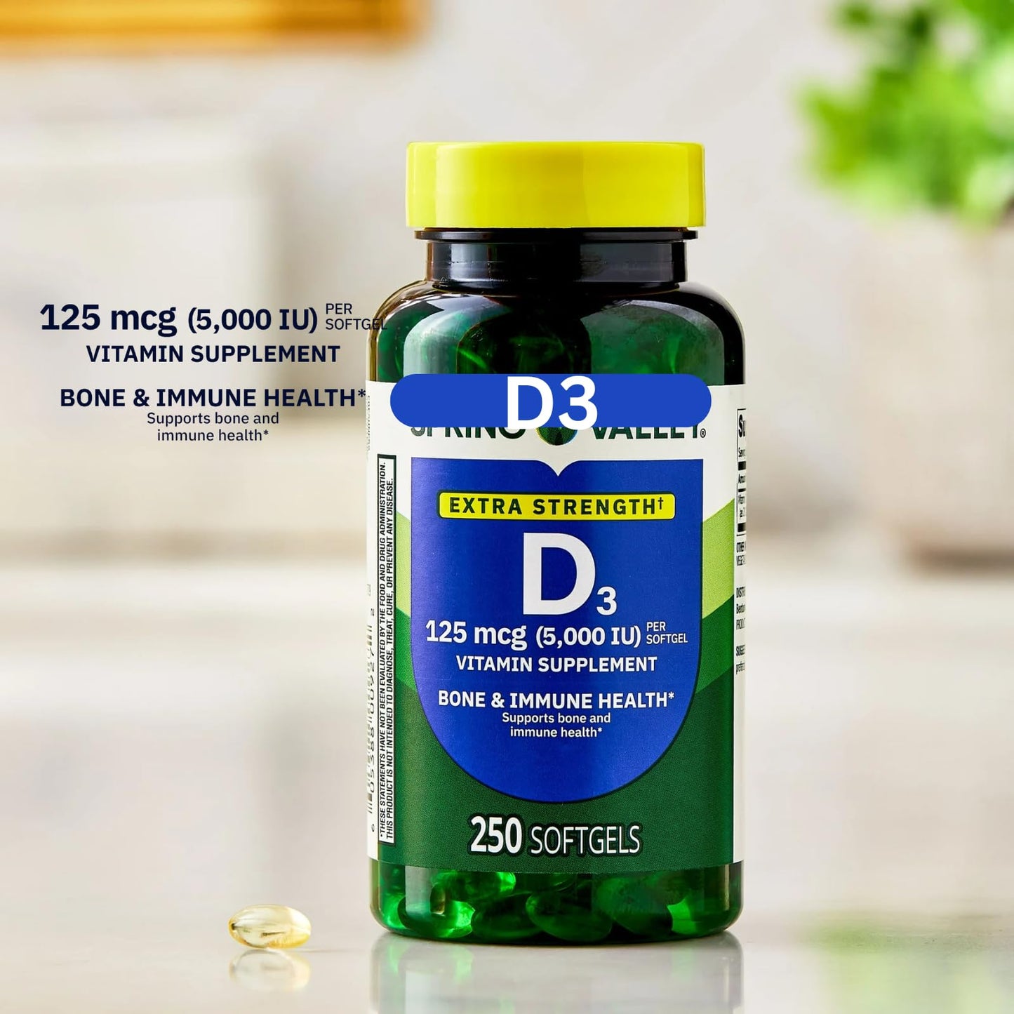 Generic Vitamin D3 125 mcg (5,000 IU) Bone & Immune Health Softgels 250