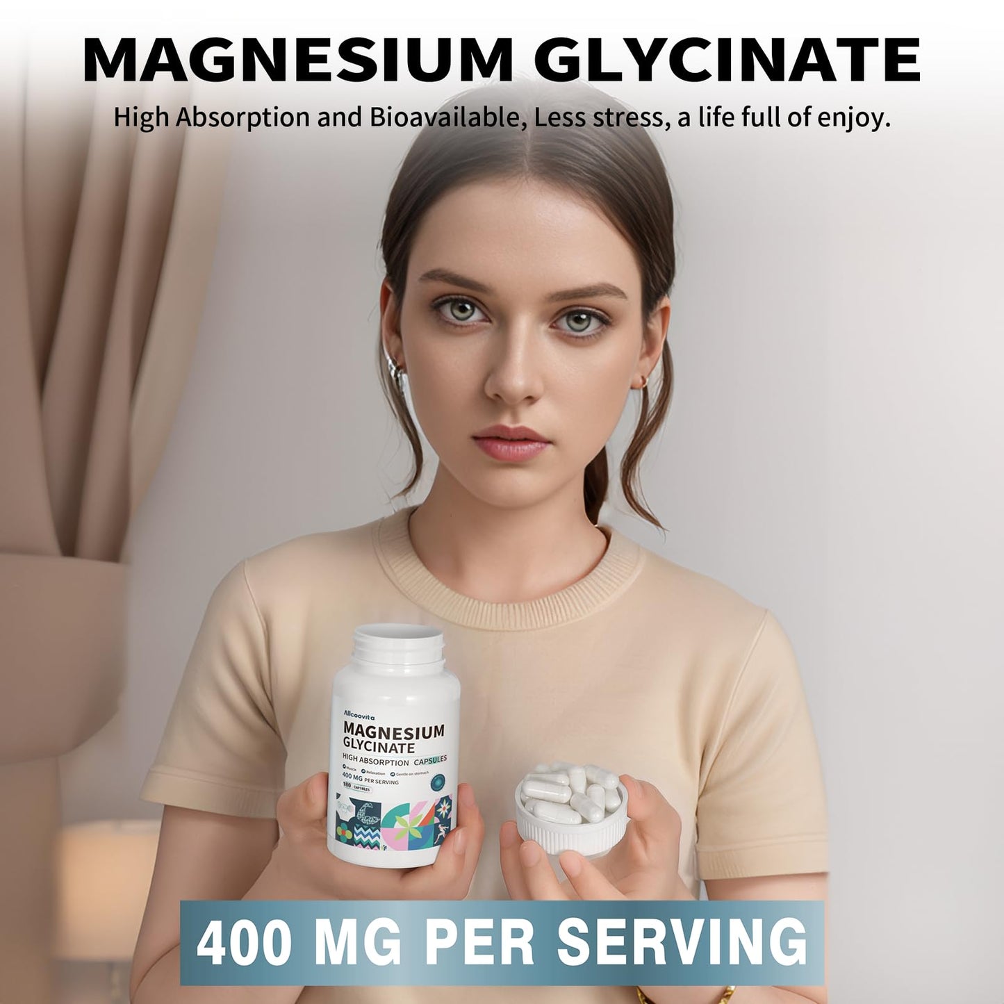 Allcoovita Magnesium Glycinate 400 mg Capsules, 180 Count