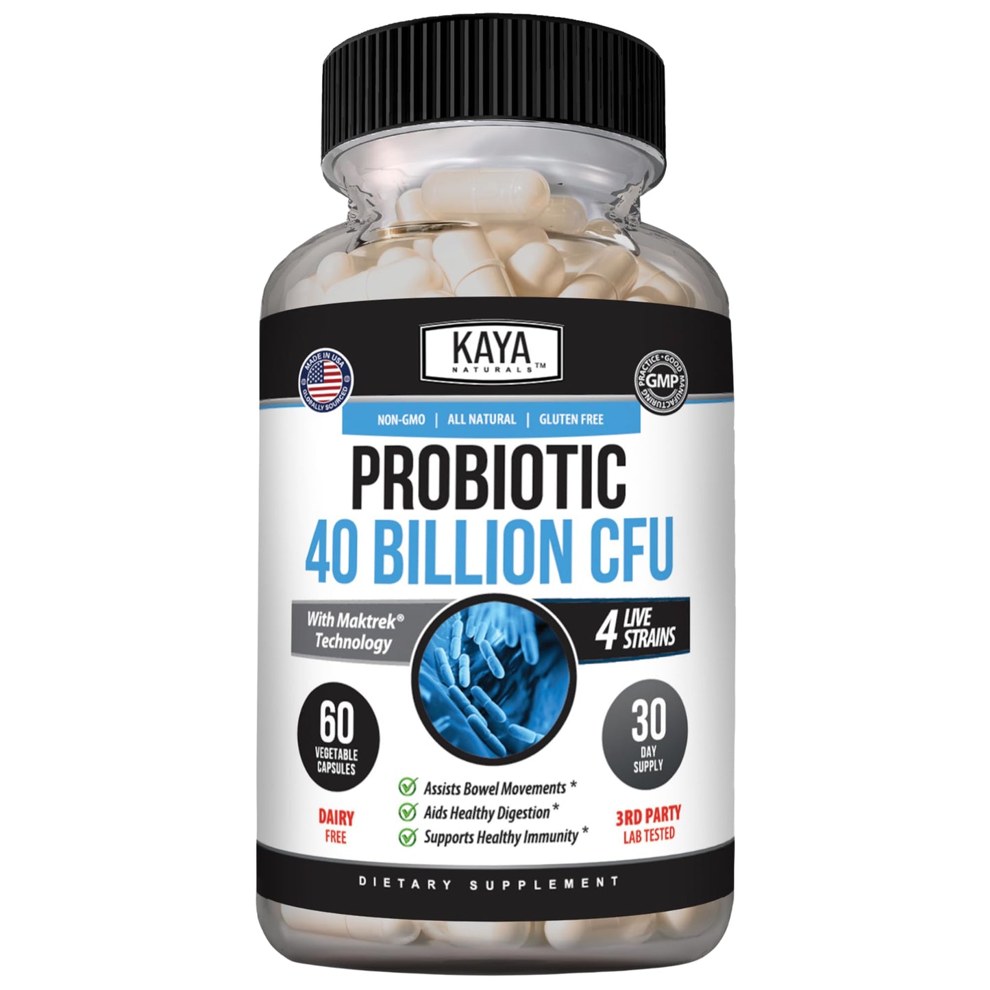 Kaya Naturals Probiotic 40 Billion CFU, Prebiotic, 4 Strains, 60 Capsules