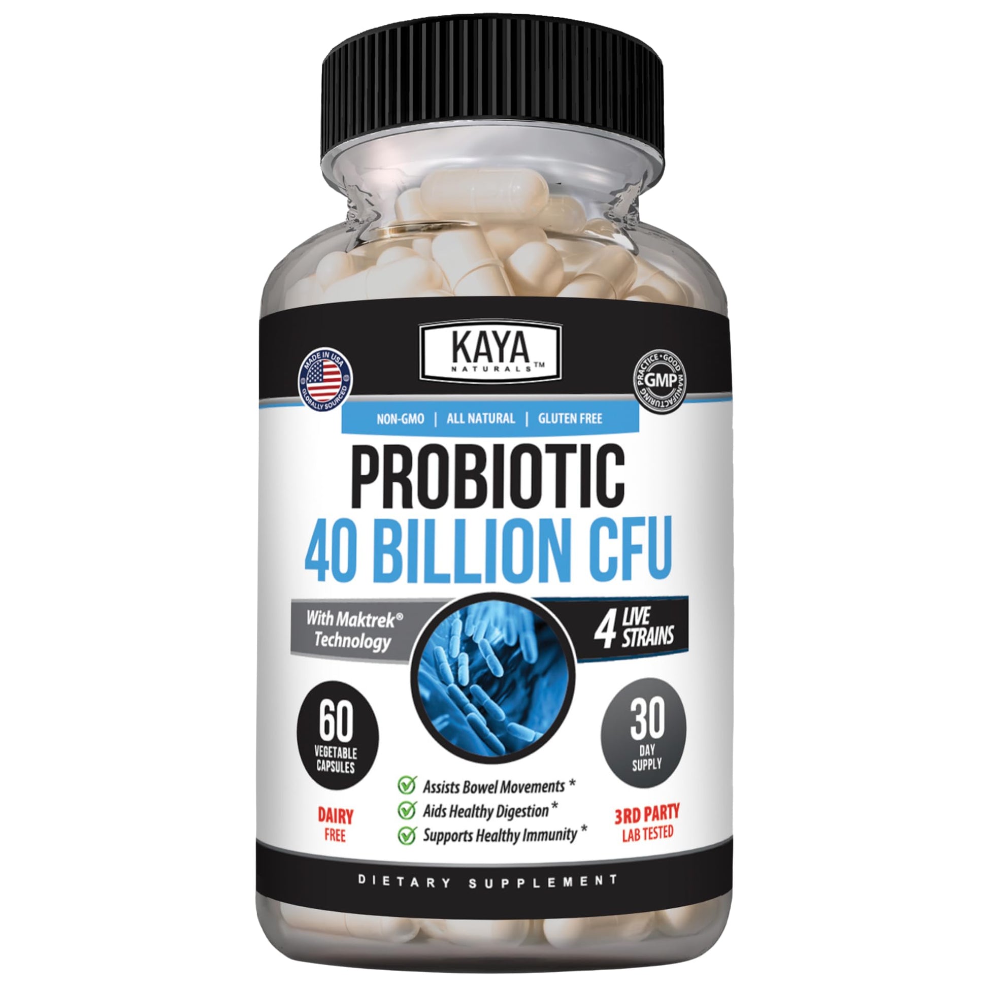 Kaya Naturals Probiotic 40 Billion CFU, Prebiotic, 4 Strains, 60 Capsules