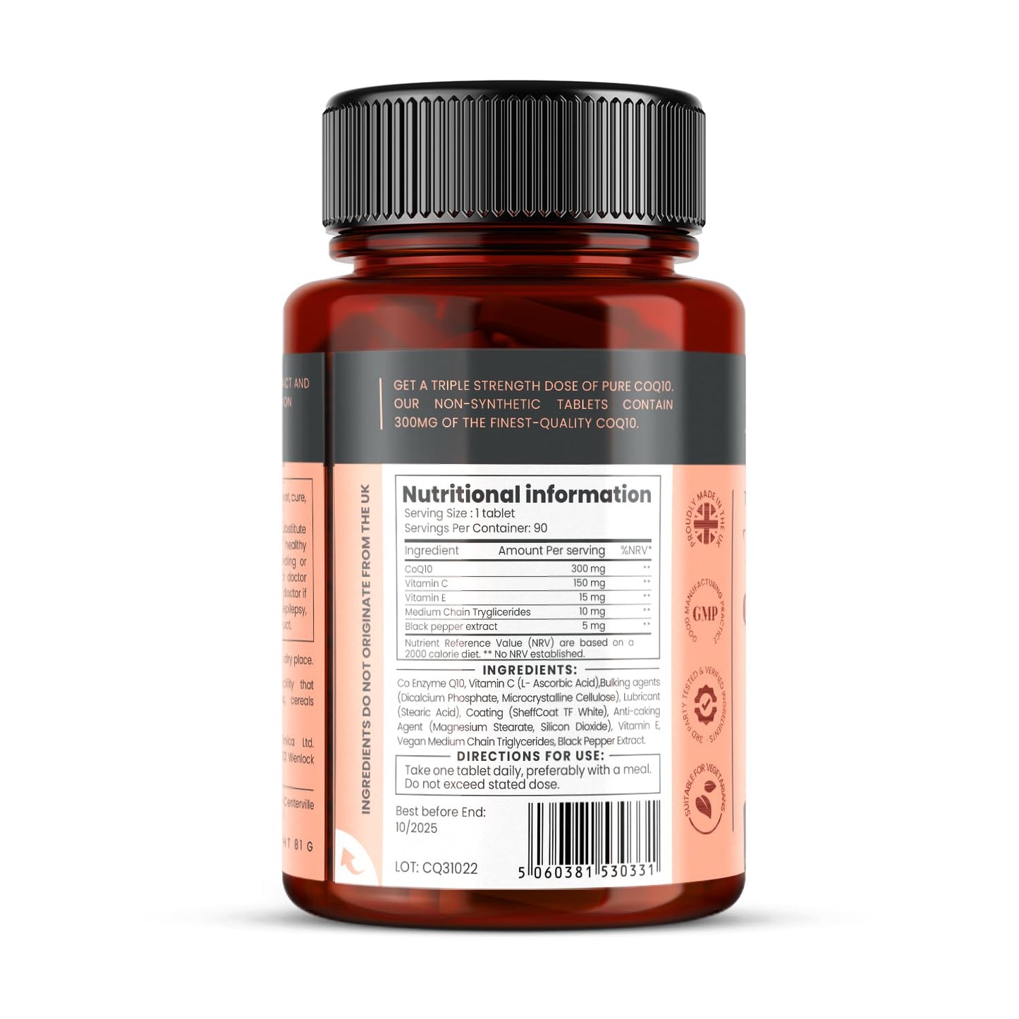 pureclinica Fermented CoQ10 300mg Tablets, 90 Count, with Added Vitamin C and Black Pepper Extract for Absorption