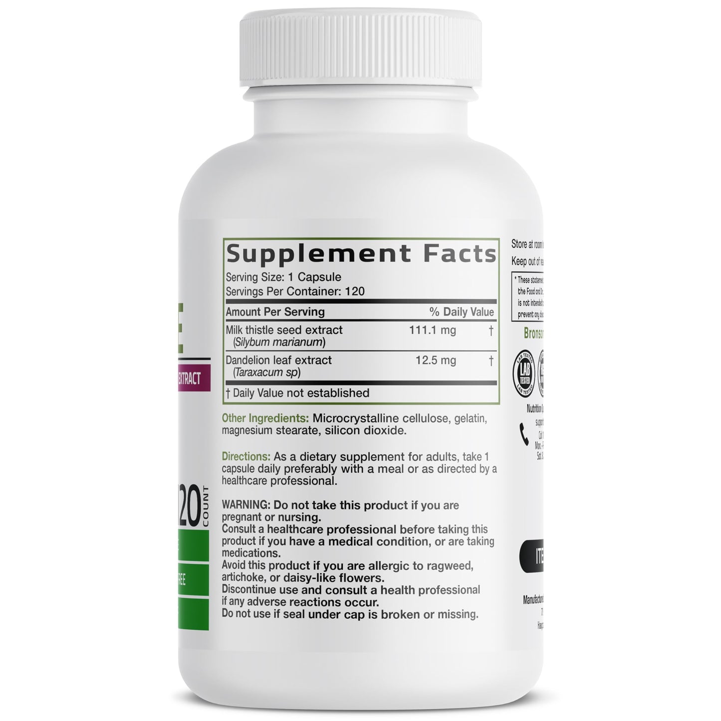 Bronson Milk Thistle Silymarin Marianum & Dandelion Extract, 120 Capsules