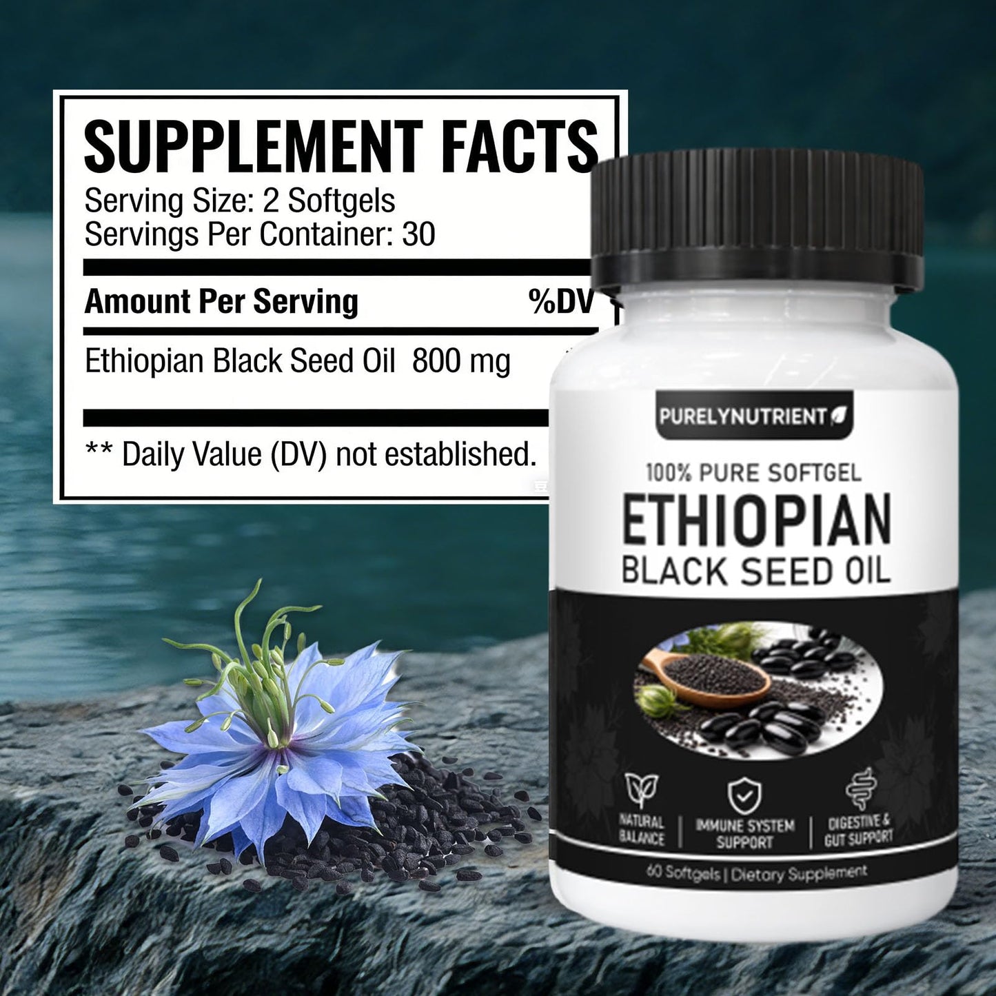 TUVAAZ PURELYNUTRIENT Ethiopian Black Seed Oil Capsule, 60 Count