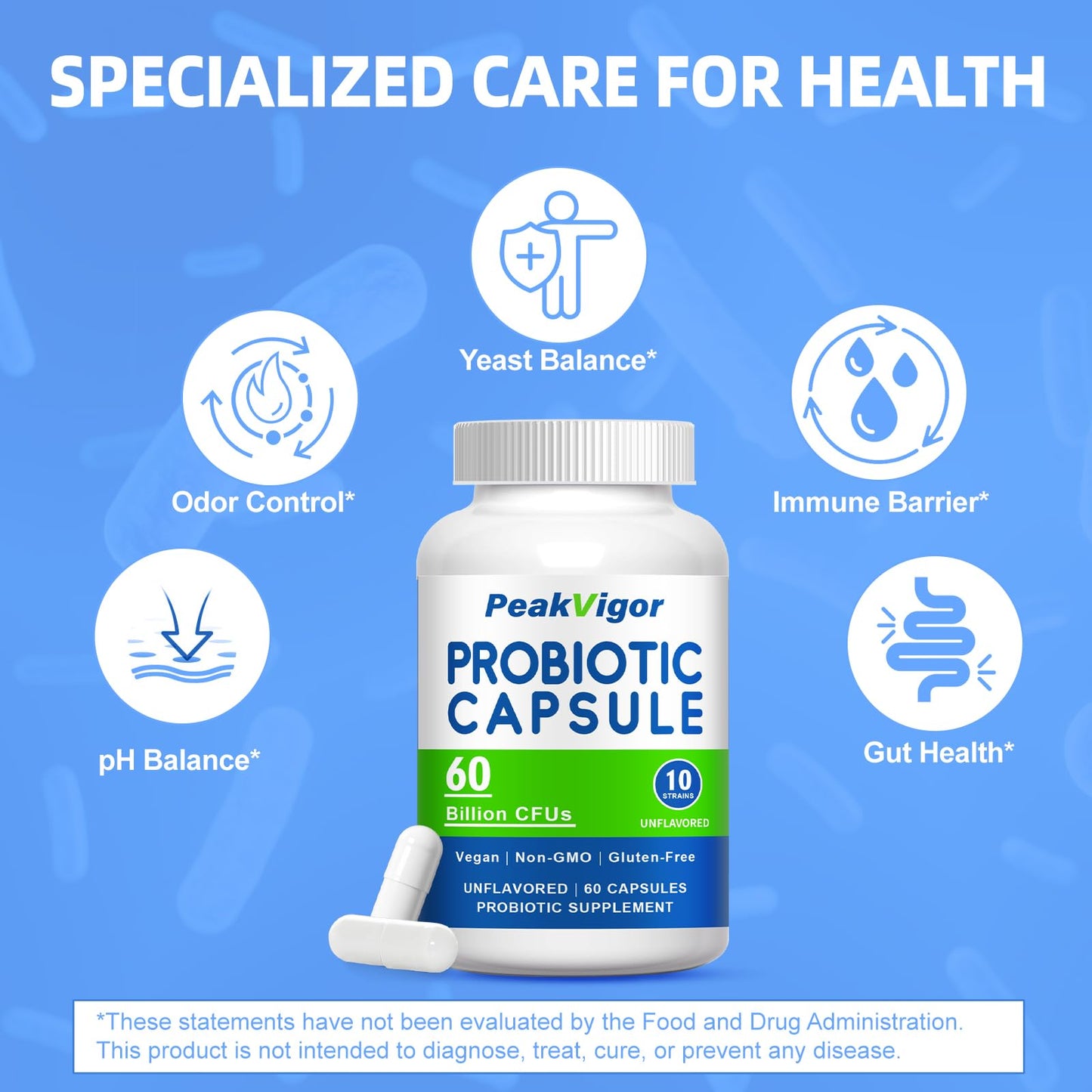 PeakVigor Probiotic Capsules for Women, 60 Billion CFU with Prebiotic Blend, Vegan, 10 Strains, Non-GMO, Gluten-Free & Easy-Swallow, 60 Capsules
