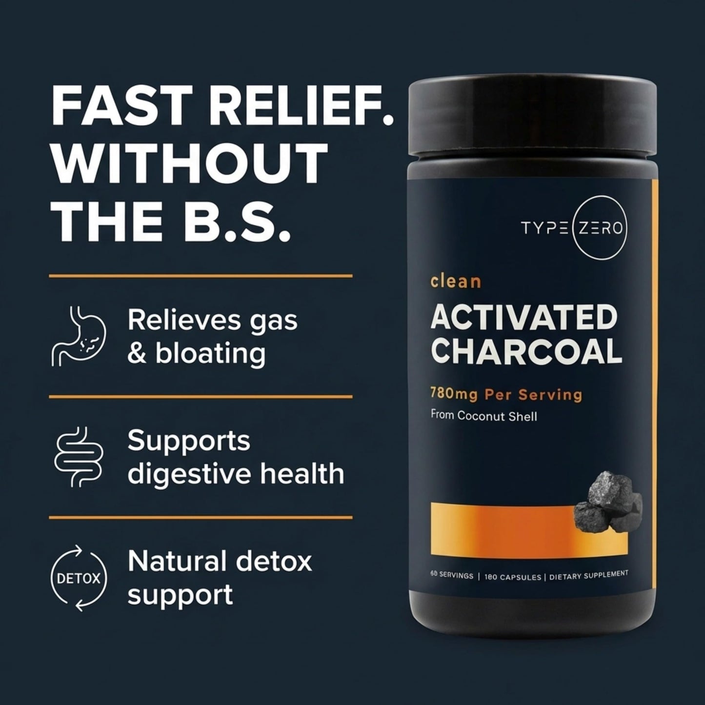 Type Zero Activated Charcoal Capsule 180 Count