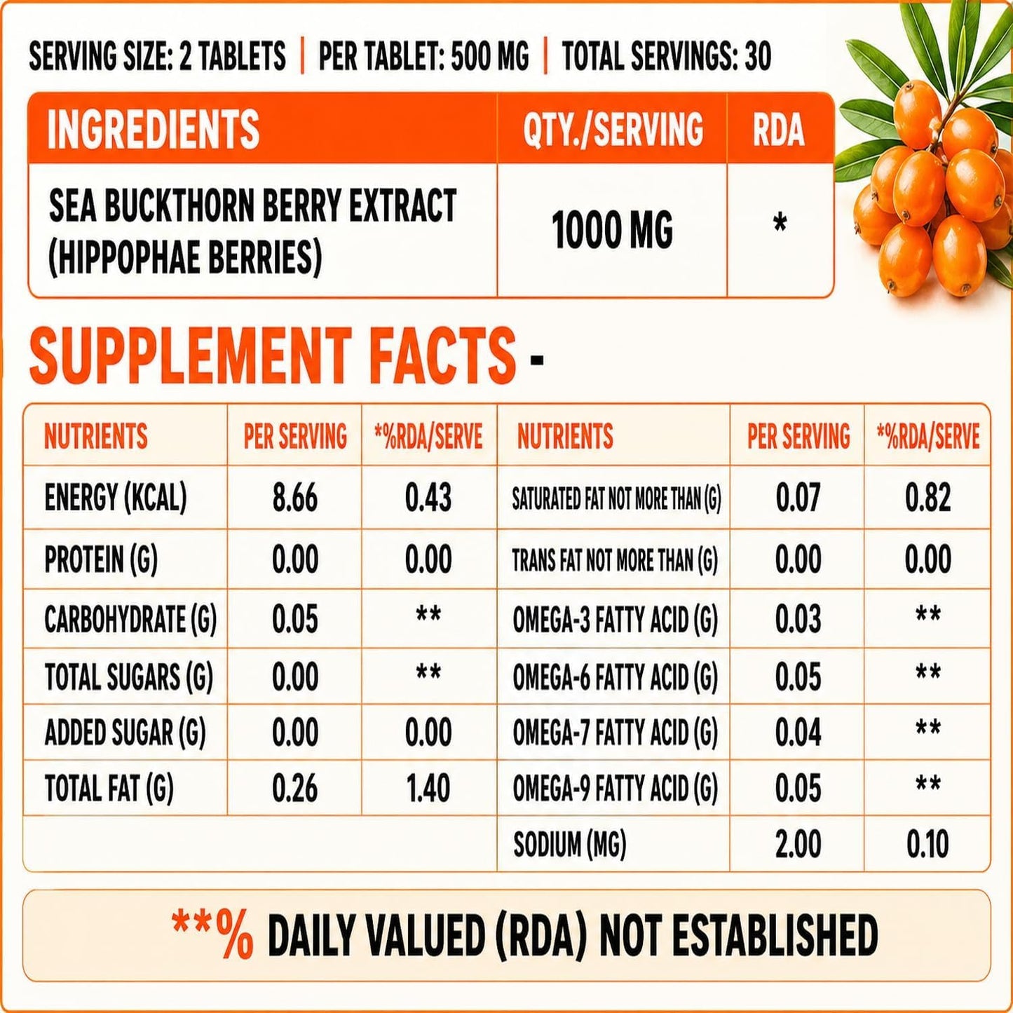 Daily All Day Sea Buckthorn Tablets Berry Extract for Daily Wellness & Nutrition, 60 Tablets