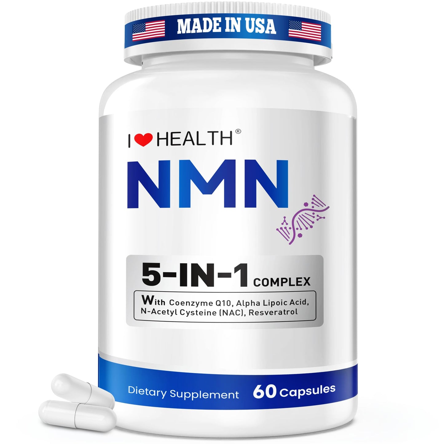 I LOVE HEALTH NMN Supplement 5-in-1 Complex with NAC, Alpha Lipoic Acid, CoQ10 & Resveratrol - High Absorption Anti Aging Formula, Capsules, 60 Count