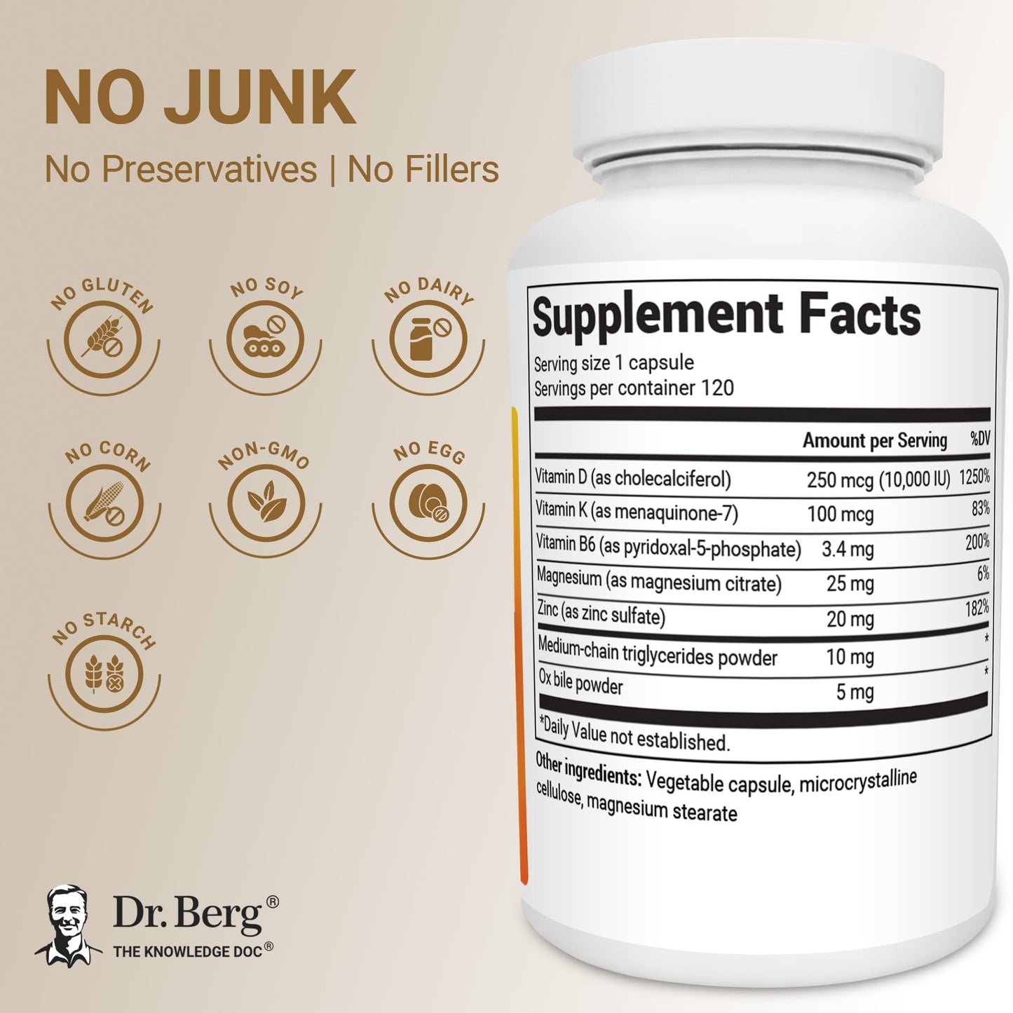 Dr. Berg Nutritionals Maximum Strength 2-in-1 Vitamin D3 K2 10,000 IU Capsules, 120 Count