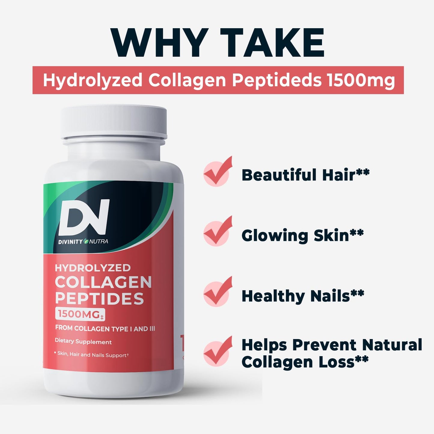 Divinity Nutra Collagen Complex Premium Supplement 1500 Mg Collagen Type I & III Hydrolyzed Multi Collagen Capsules, Non-GMO, 120 Veggie Capsules