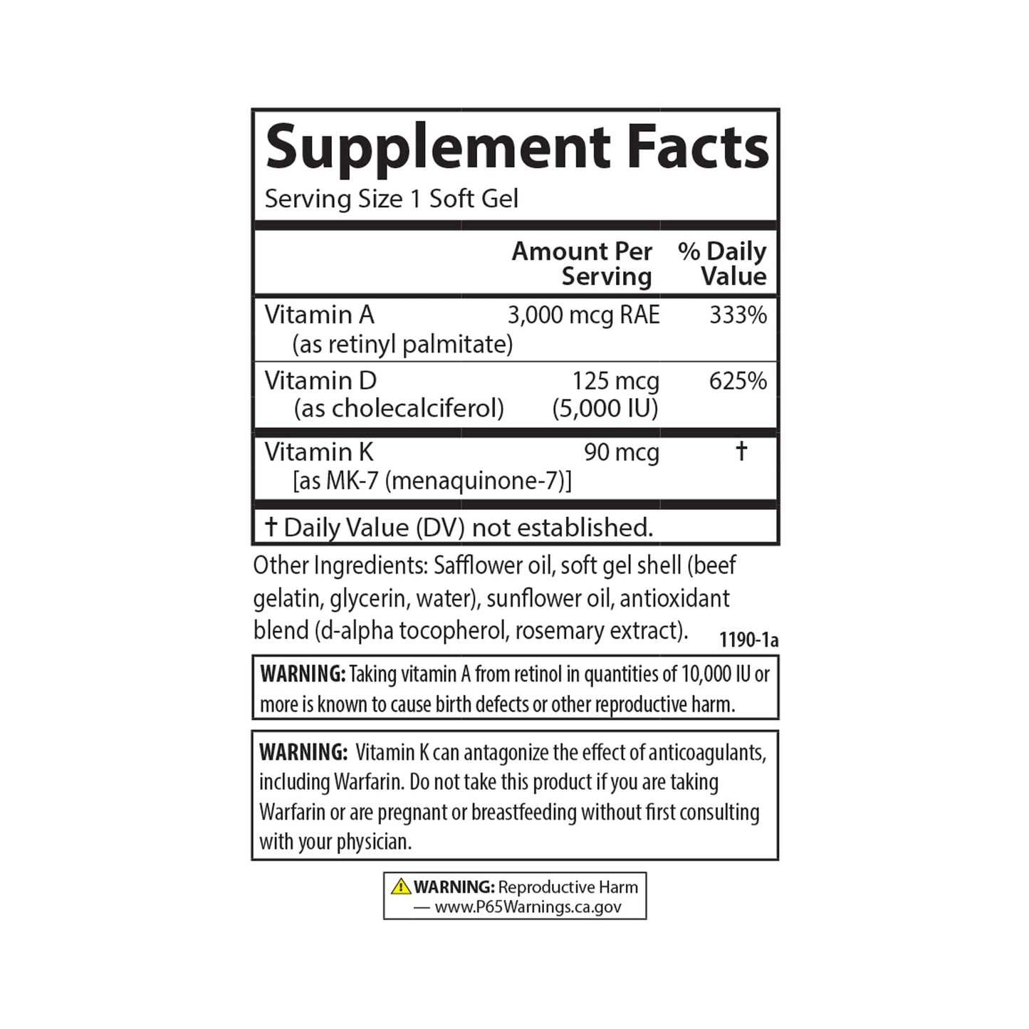 Carlson Vitamin A, D3, K2 Soft Gels 60