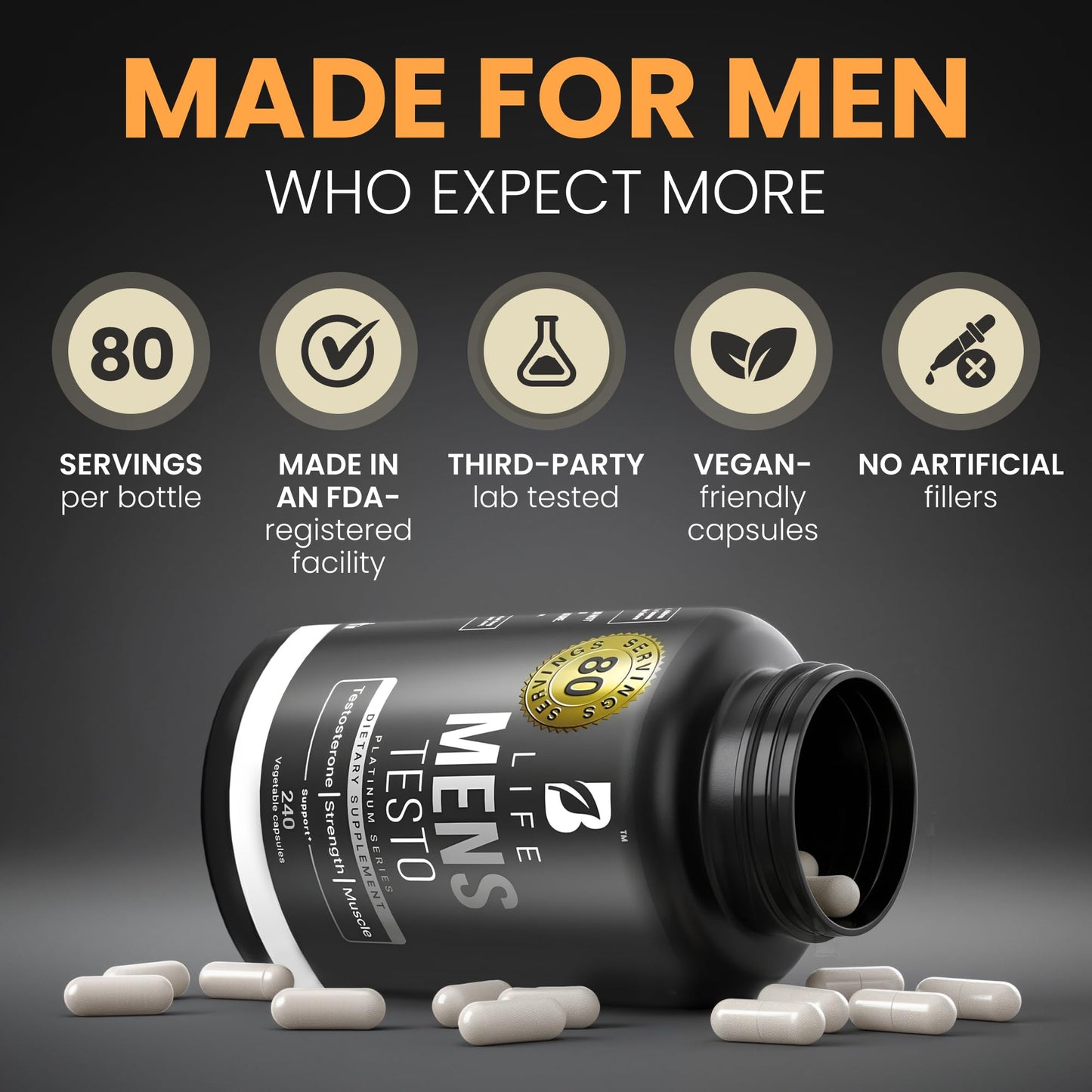 B Life Company Testosterone Booster Supplement for Men Capsule 240 Count