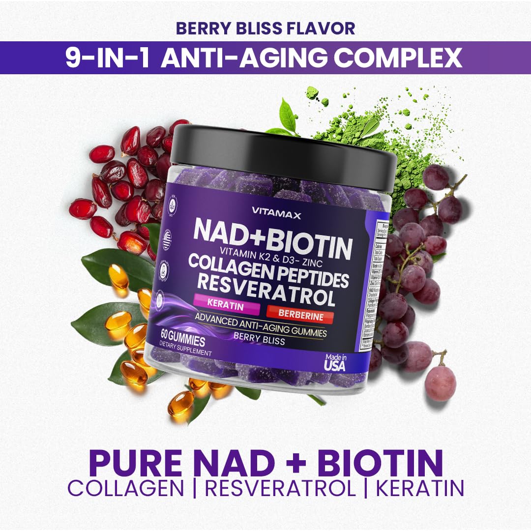 Vitamax NAD+, Resveratrol, Berberine, & Biotin Anti-Aging Gummy - Hair, Skin, Nails & Joint Supplement - Collagen Peptides, Keratin, Zinc, Vitamin K2 & D3 Gummies - Regeneration - Non-GMO - Made in USA - 60 Count