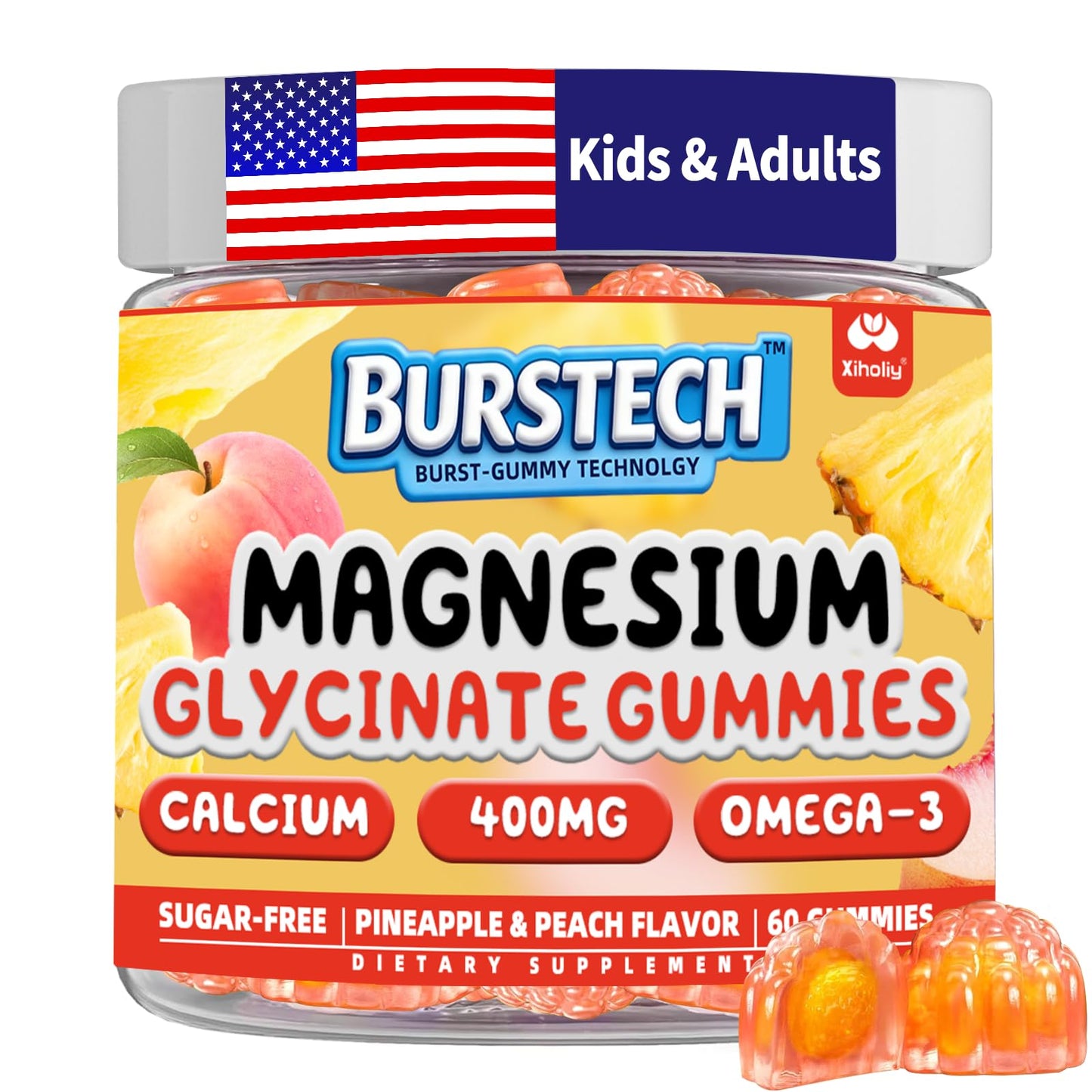 XIHOLIY Magnesium Glycinate Gummies 400MG for Adults & Kids, No Melatonin, 60 Gummies