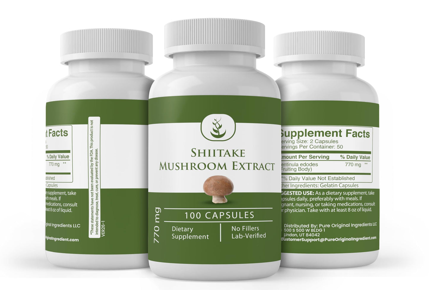PURE ORIGINAL INGREDIENTS Shiitake Mushroom Extract Capsules 100