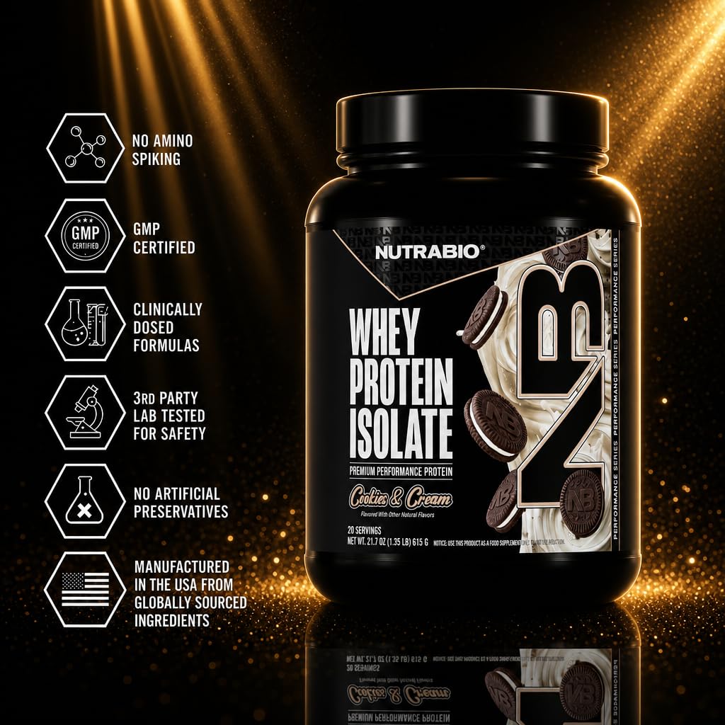 NutraBio 100% Whey Protein Isolate Protein Powder, Cookies & Cream, 20 Servings