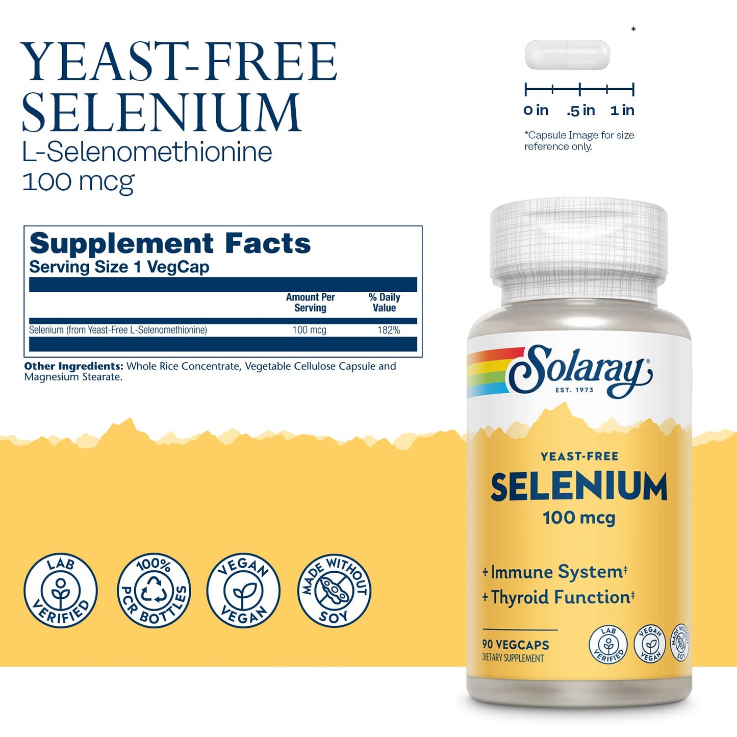Solaray Selenium 100 mcg Supplement for Women & Men Capsules, Thyroid & Immune Health Support, Yeast Free, L-Selenomethionine, Antioxidant Support, Vegan, 90 Capsules