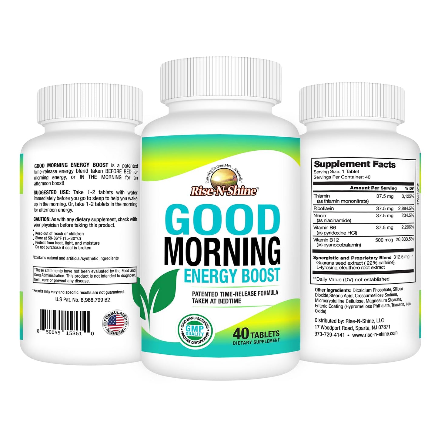 Rise-N-Shine Good Morning Energy Boost, Focus and Alertness Support Supplement with B12, Guarana, L-Tyrosine, Ginseng Tablet, 40 Count