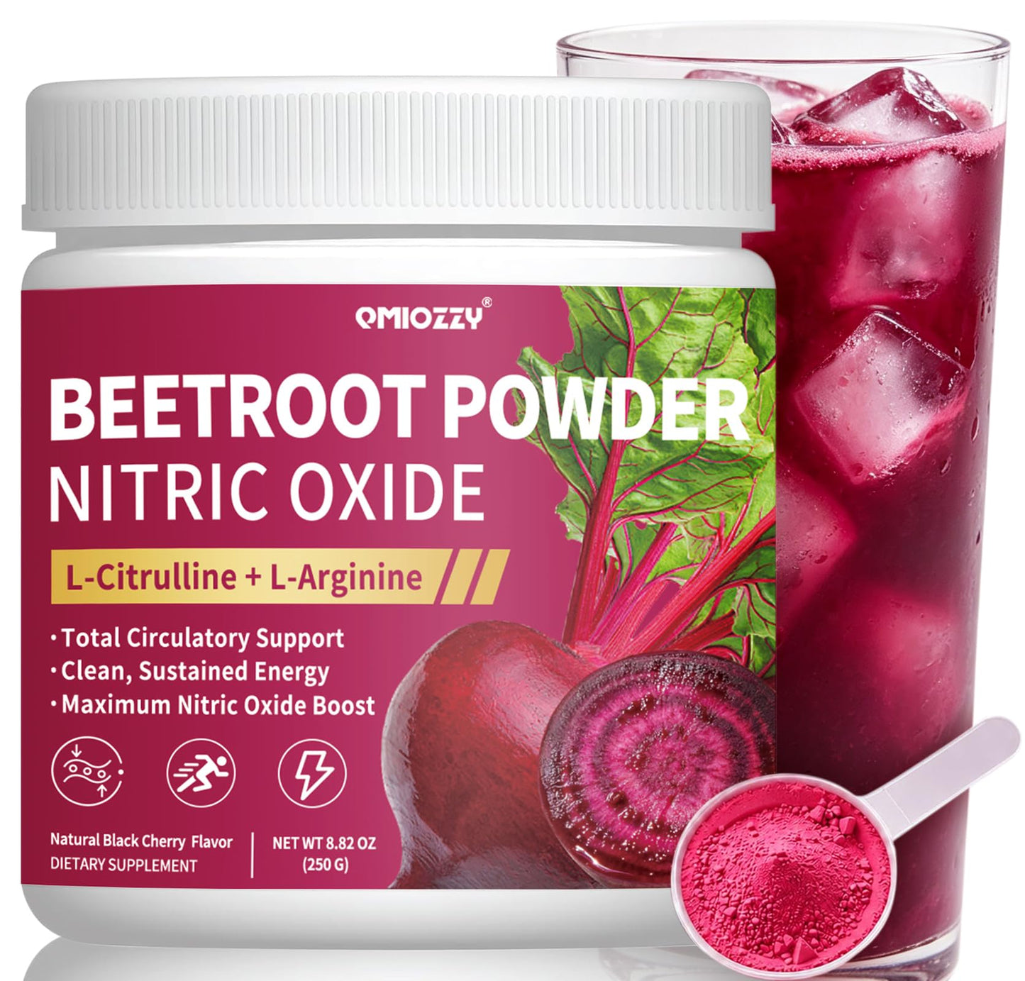Qmiozzy Nitric Oxide Supplement - Beet Root Powder with L-Citrulline & L-Arginine, Powder, 8.82 Ounce