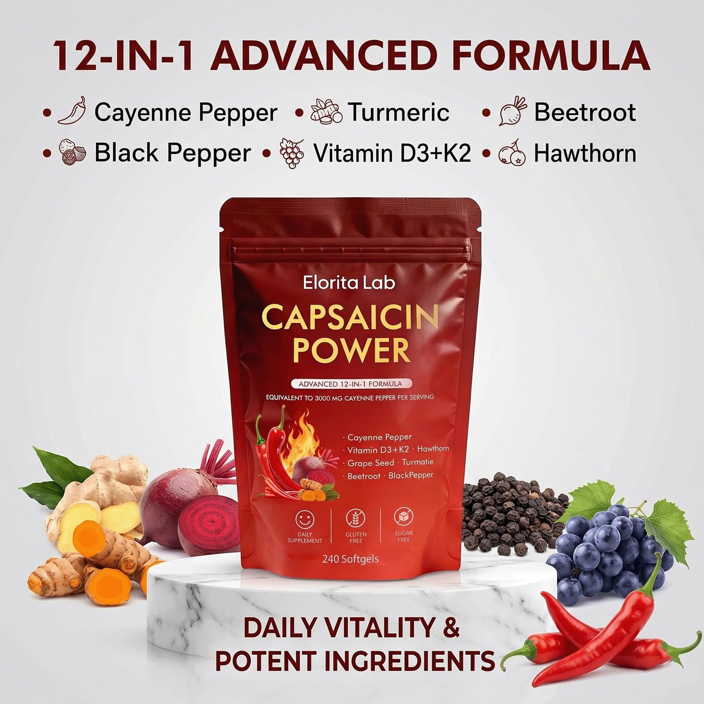 SNIDEN Elorita Cayenne Pepper Softgels, 240 Count