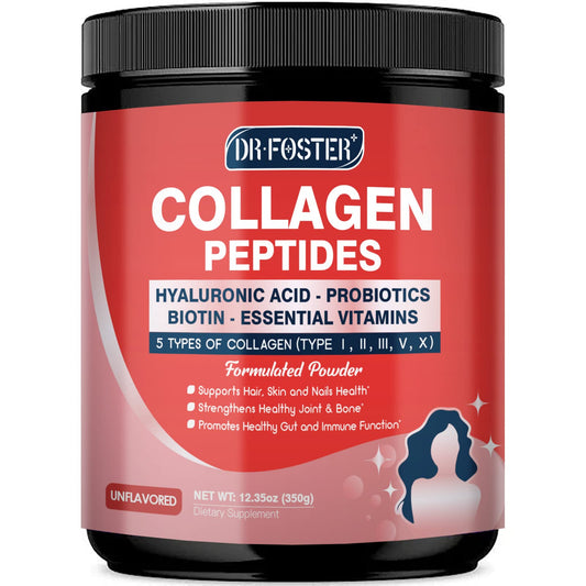 DRFOSTER Multi Collagen Peptides Powder with Probiotics - Type I II III V X - Hydrolyzed Collagen Peptides with Multivitamins, Hyaluronic Acid & Biotin - Support Skin, Hair, Nails & Joints & Gut, 12.35 oz