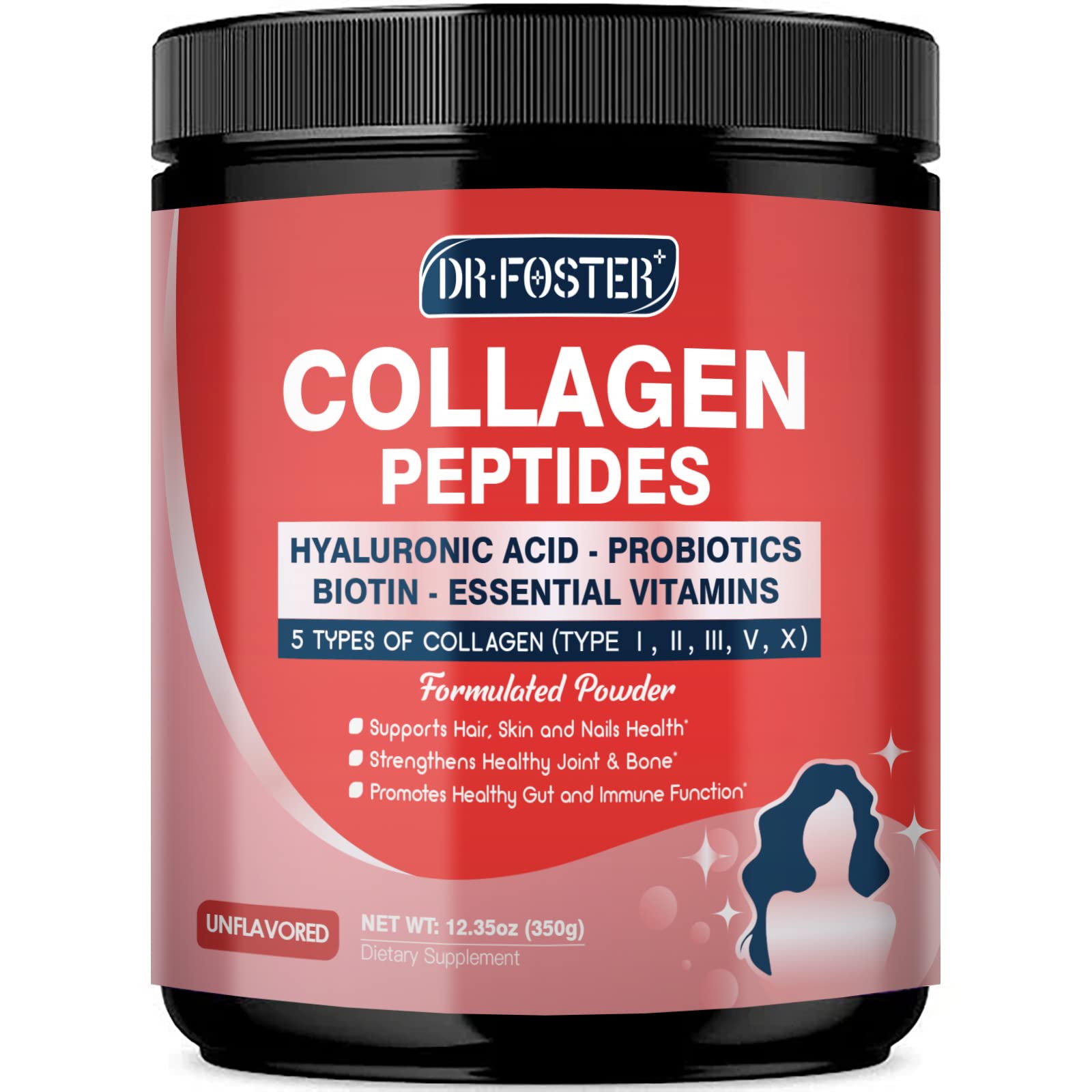 DRFOSTER Multi Collagen Peptides Powder with Probiotics - Type I II III V X - Hydrolyzed Collagen Peptides with Multivitamins, Hyaluronic Acid & Biotin - Support Skin Hair Nail Joints & Gut, 12.35 Ounce