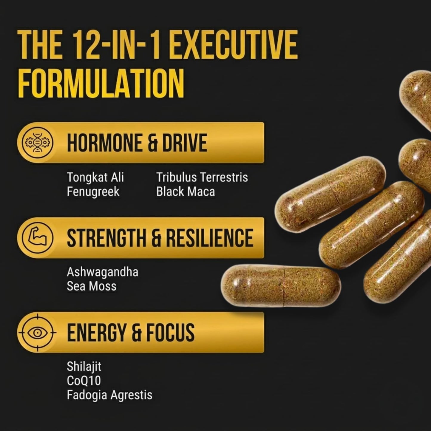 BODY C.E.O. EXECUTIVE OF SUPPLEMENTS 12-in-1 Strength Protocol for Men 1400mg Supplement with Shilajit, Ashwagandha, Tongkat Ali 120 Veggie Capsules